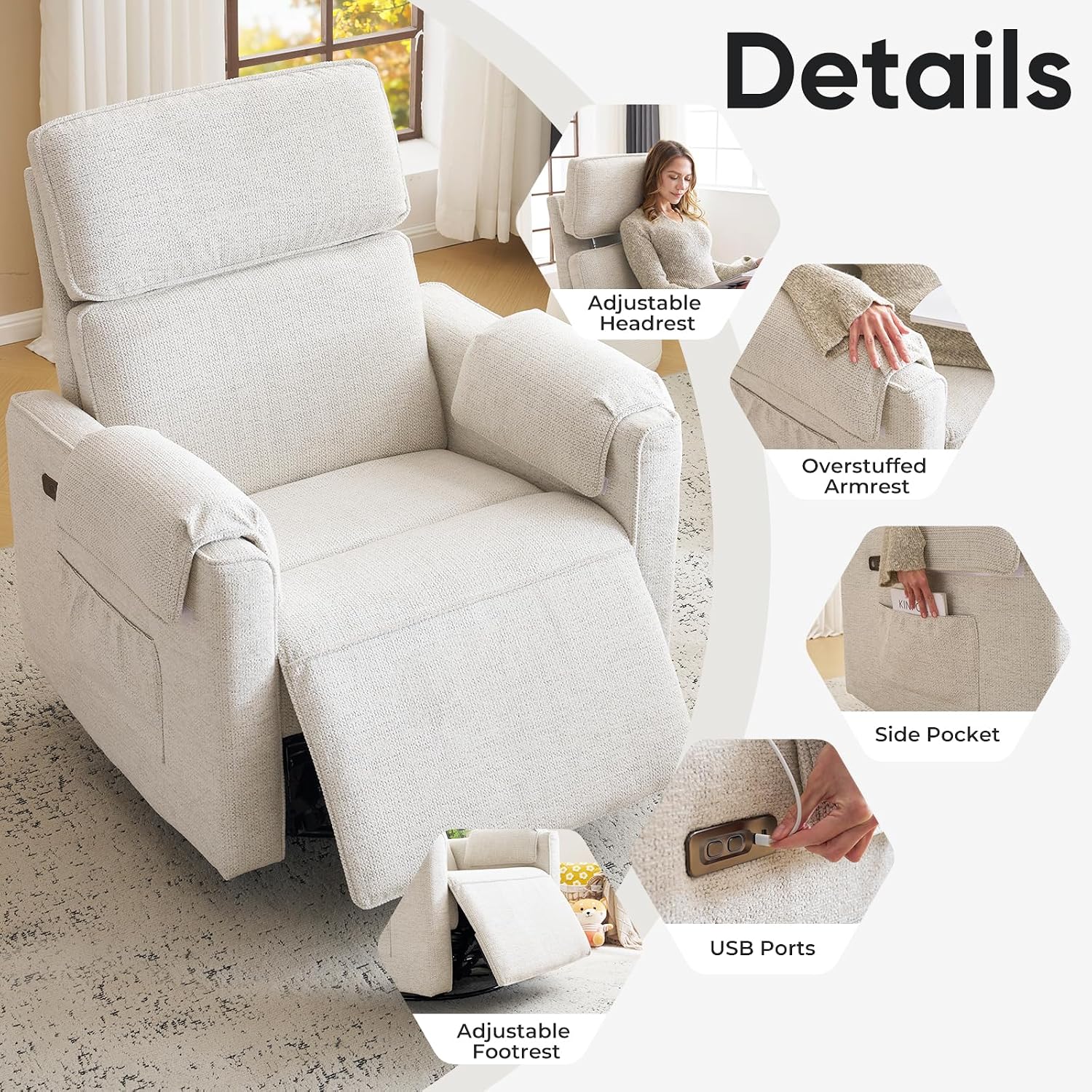 24' Extra Wide Swivel Rocker Recliner Chair with Adjustable Headrest, Oversized Power Rocker Recliner with Overstuffed Armrest, Chenille Rocking Chair Nursery with USB Ports, White