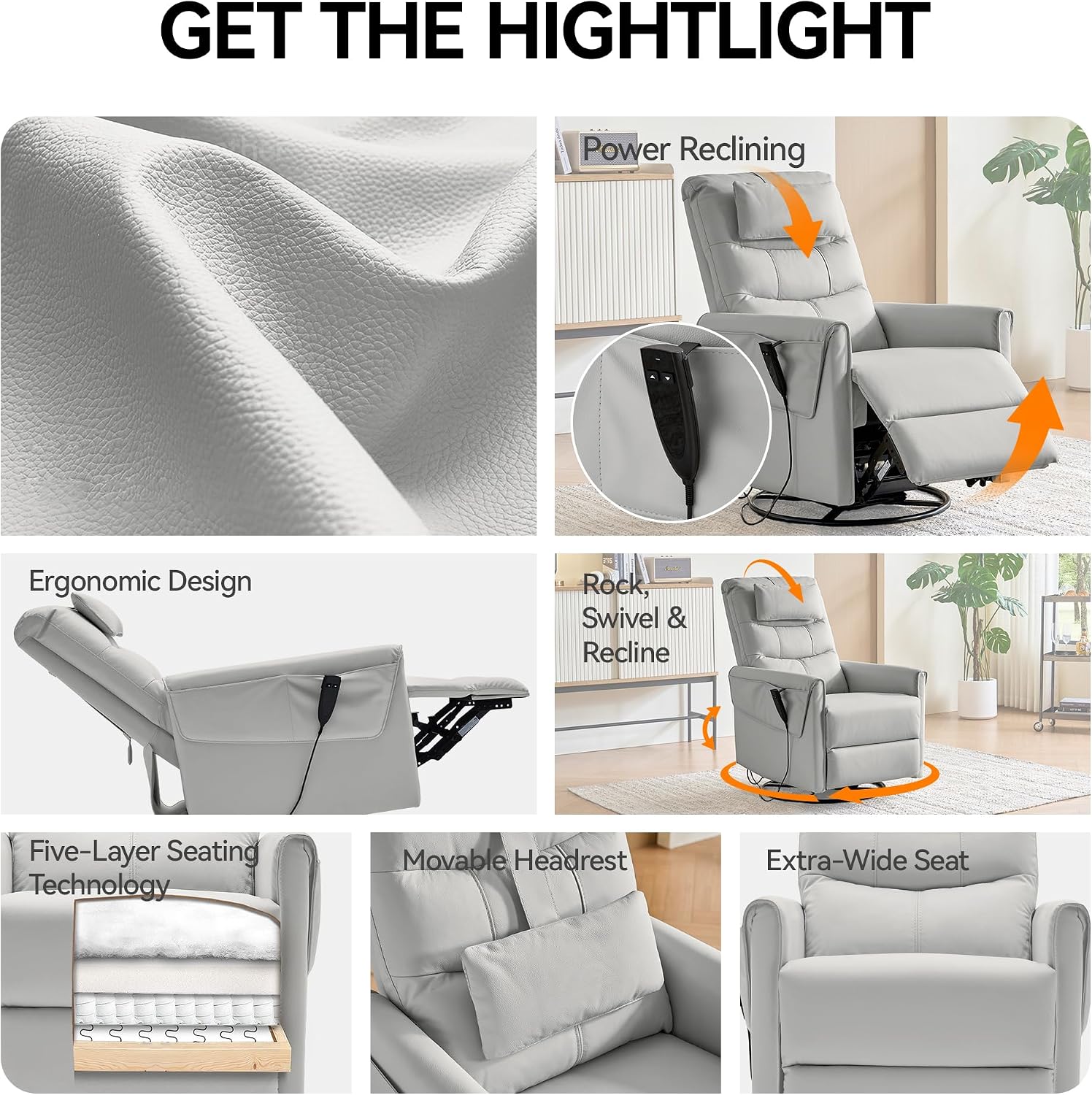 AIRSKY Genuine Leather Recliner Chair, Power Recliner Chair for Adults, Italian Water-Washing Process,Single Sofa for Living Room,Swivel Rocker Recliner, Lazy Boy Recliner Chairs,Grey, P1