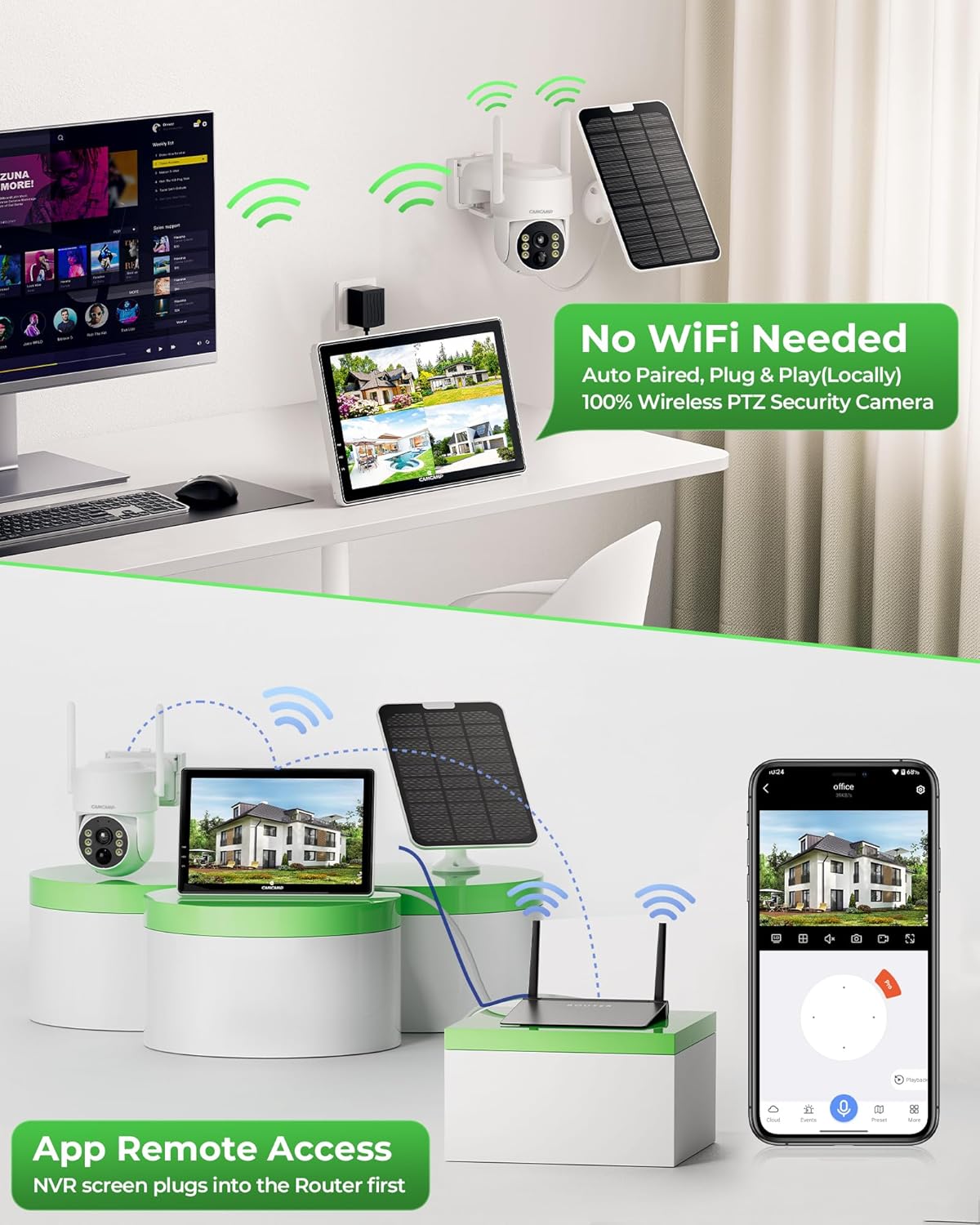CAMCAMP Solar Security Cameras Wireless Outdoor with 10' Monitor, 10CH NVR 2K Solar Home Security Camera System with 360° Color Night Vision,2-Way Audio,500GB Local Storage,No Monthly Fee,No Need WiFi