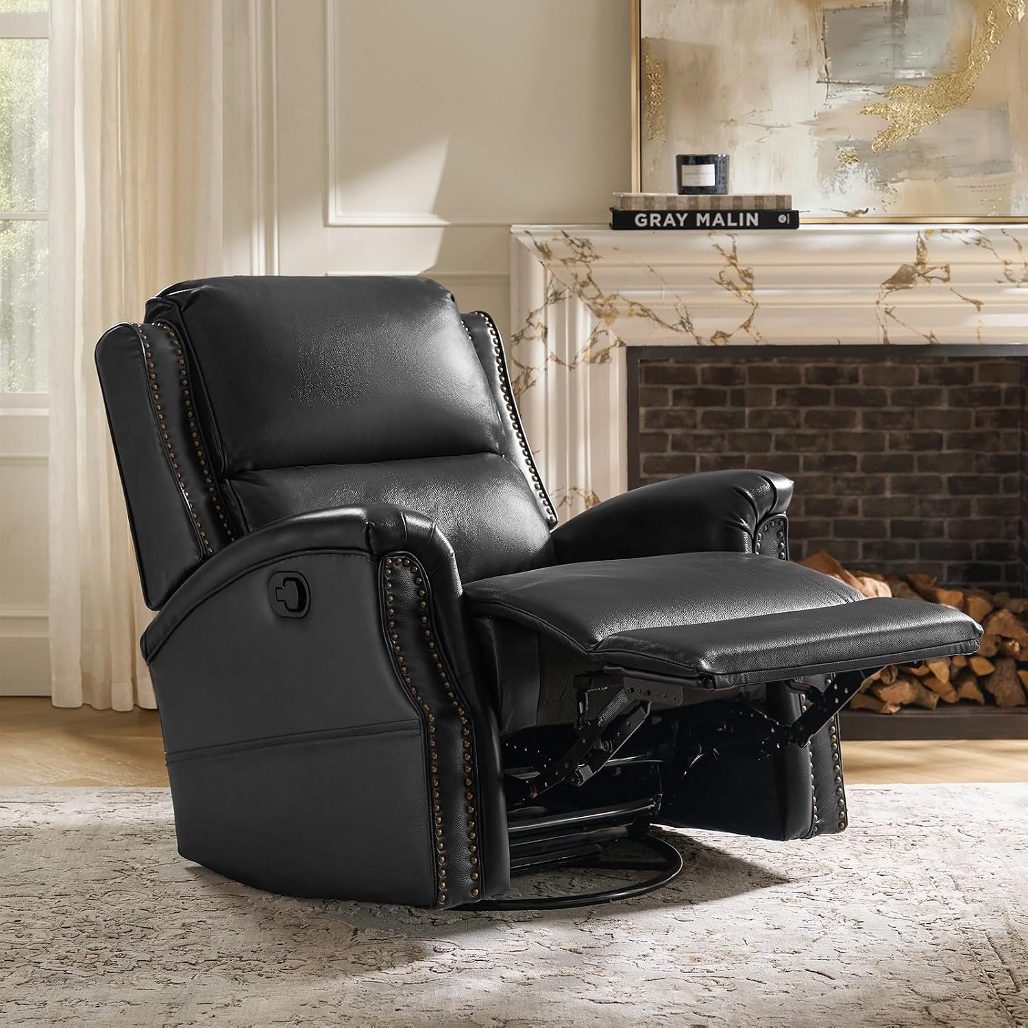 HULALA HOME Genuine Leather Recliner Chair, Swivel Rocker Chair with Thick Seat, Classic Push Back Armchair with Backrest, Nailhead Trim, Black