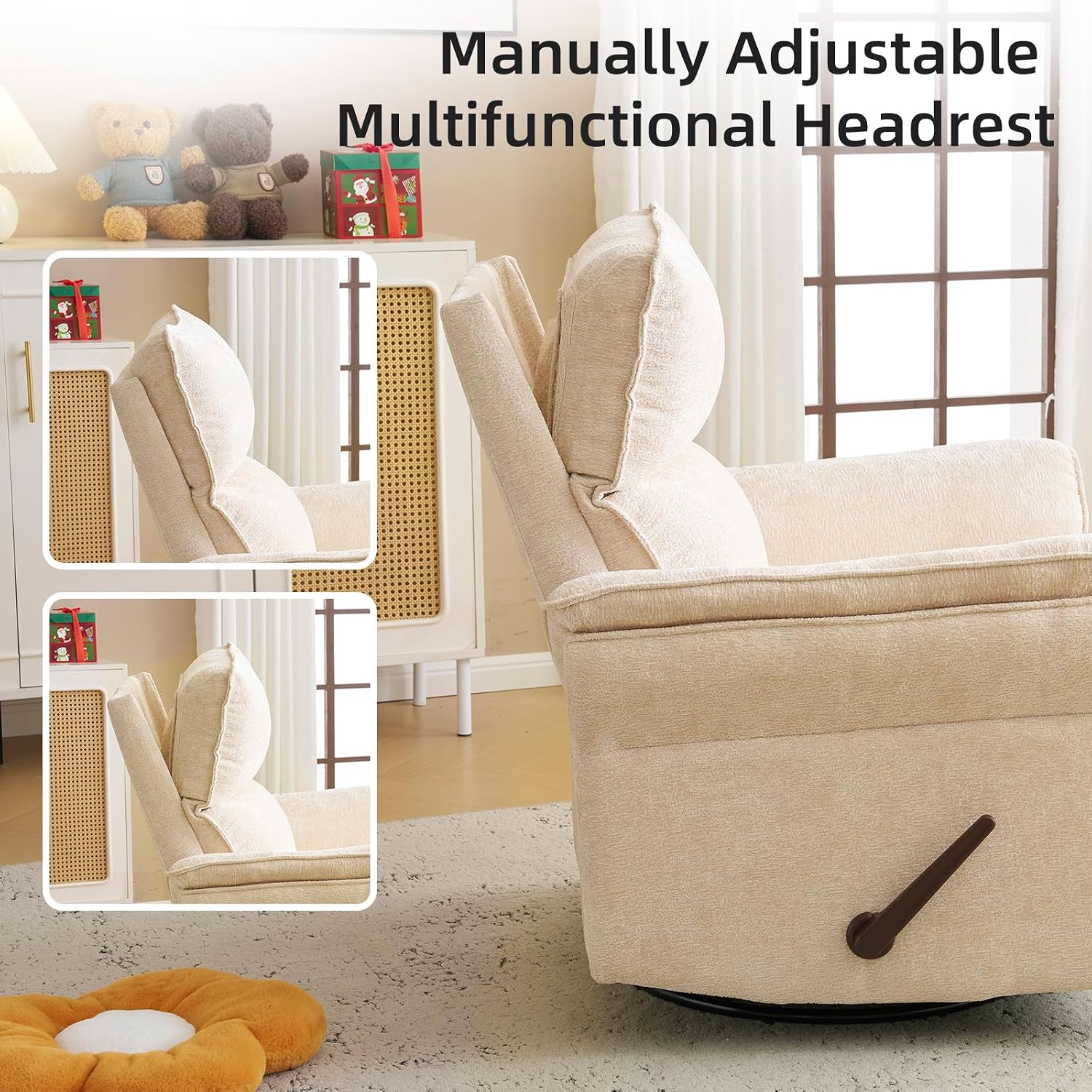 Oversized Recliner Chair, 26' Extra Wide 360° Swivel Rocker Recliner with Adjustable Headrest, Chenille Glider Rocking Nursery Chair with Overstuffed Armrest, Lumbar Support, Beige