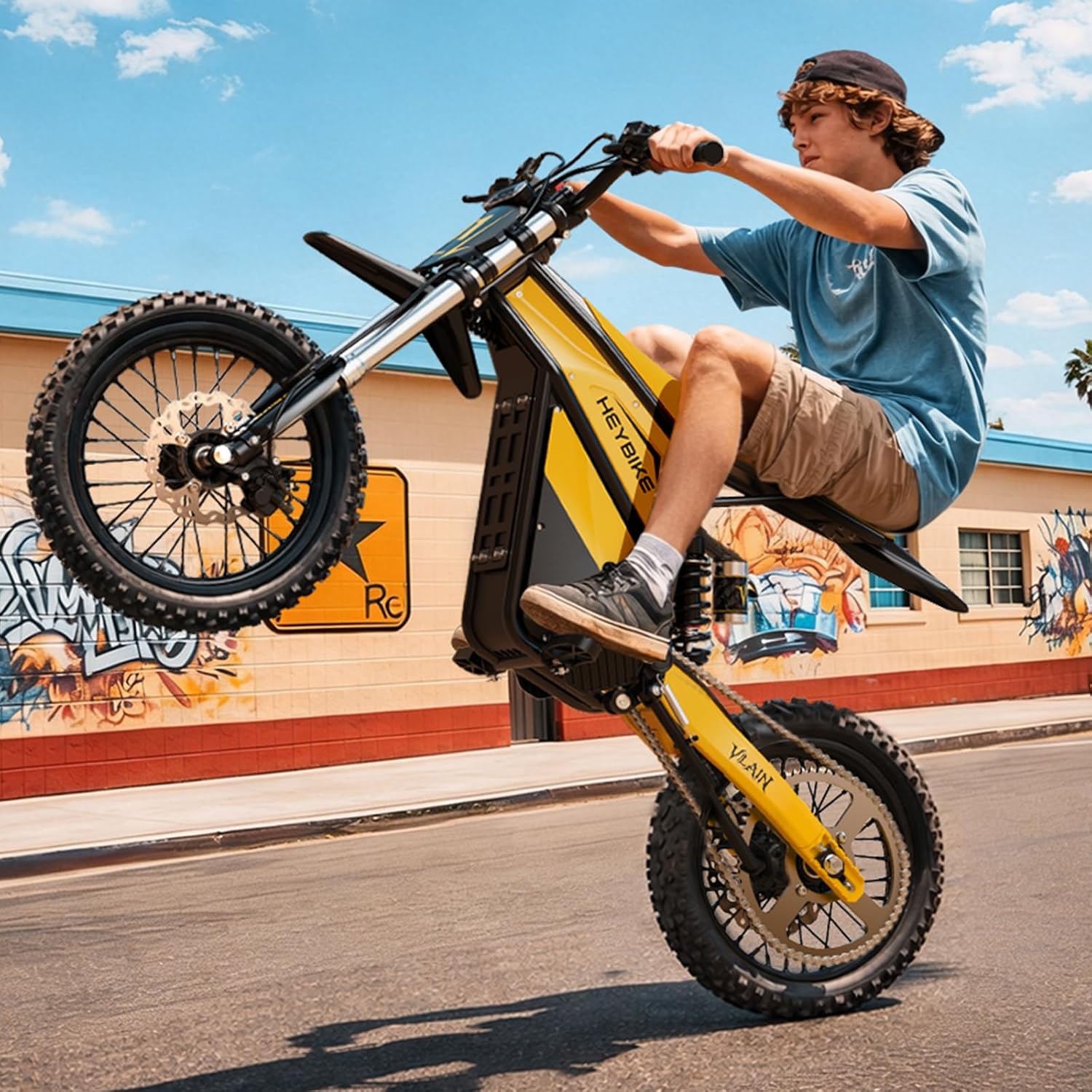 Heybike Villain Electric Dirt Bike, 4160W E Dirt Bike with 52V 26AH Battery, 14'/12' Fat Tire Electric Motorcycle for Teens, Max 45MPH Ebike with Reversing Function(with Crossbody Bag; Yellow)