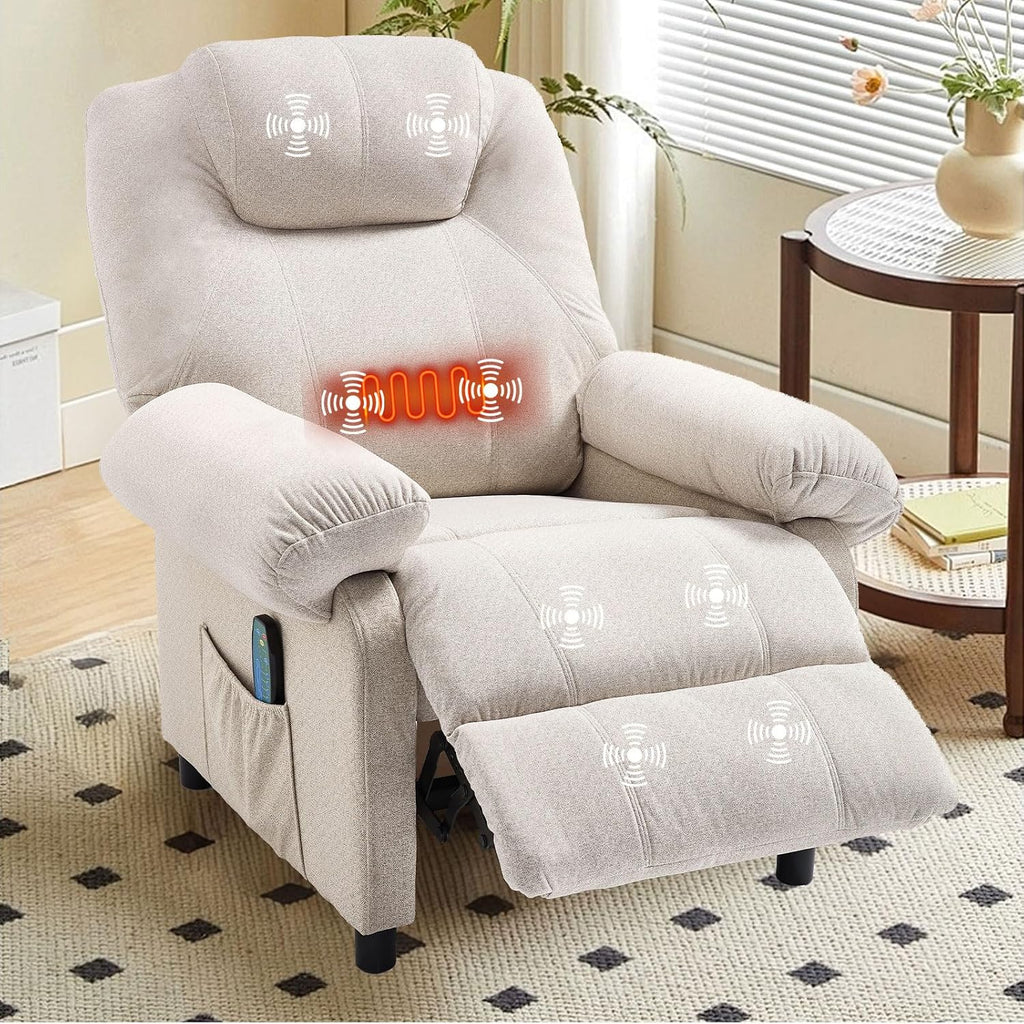 Overstuffed Push Back Recliner Chair for Living Room, Mid Century Fabric Heated Massaging Reclining Chair Small Manual Recliner Chair with Heat and Massage, White