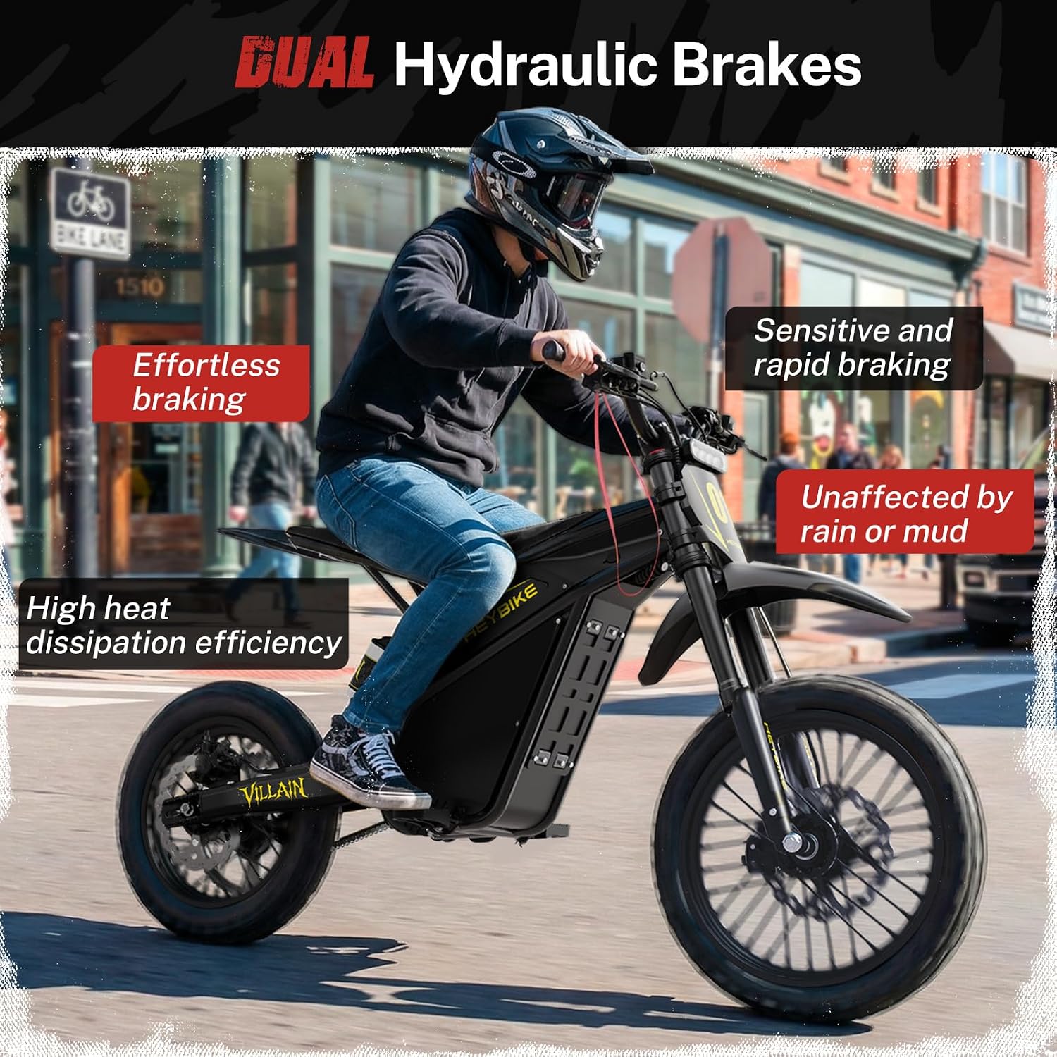 Heybike Villain Electric Dirt Bike, 4160W E Dirt Bike with 52V 26AH Battery, 14'/12' Fat Tire Electric Motorcycle for Teens, Max 45MPH Ebike with Reversing Function（Standard; Inky Black）