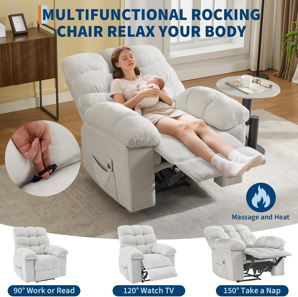 Recliner Rocking Chair with Massage & Heat, Wide Overstuffed Fabric Recliner with Breathable Upholstery, Ergonomic Design, 2 Side Pockets & Remote Control for Living Room or Bedroom (Beige)
