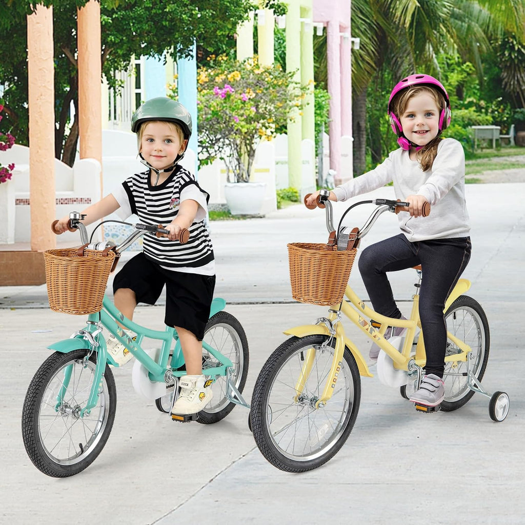 BABY JOY Retro Kids Bike, 12 14 16 18 Inch Child Bike for 3-8 Years Old w/Rattan Basket, Adjustable Height, Training Wheels, Fenders, Handbrake Coaster Brake, 95% Pre-Assembled Kids Bicycle for Girls