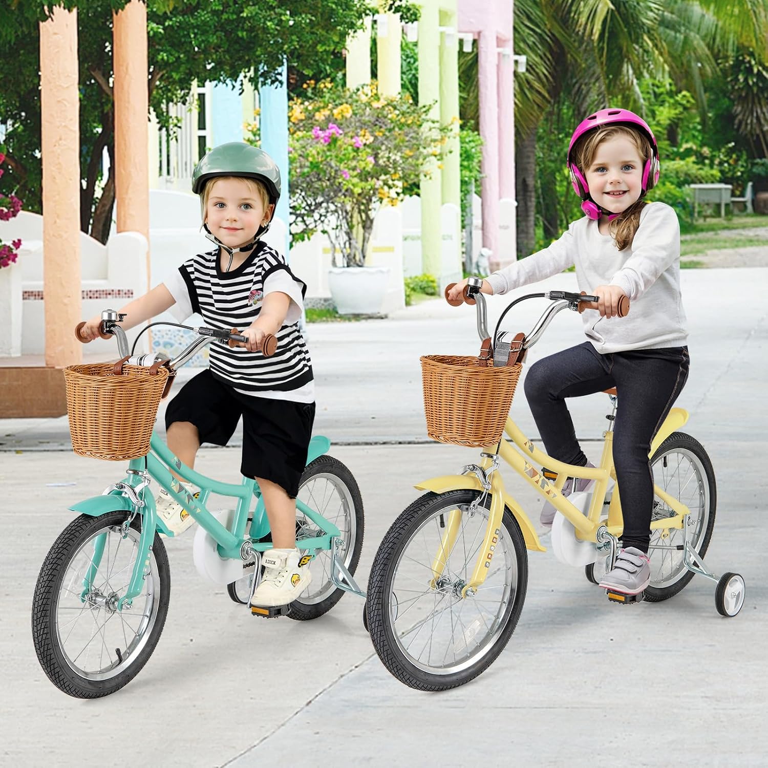 BABY JOY Retro Kids Bike, 12 14 16 18 Inch Child Bike for 3-8 Years Old w/Rattan Basket, Adjustable Height, Training Wheels, Fenders, Handbrake Coaster Brake, 95% Pre-Assembled Kids Bicycle for Girls