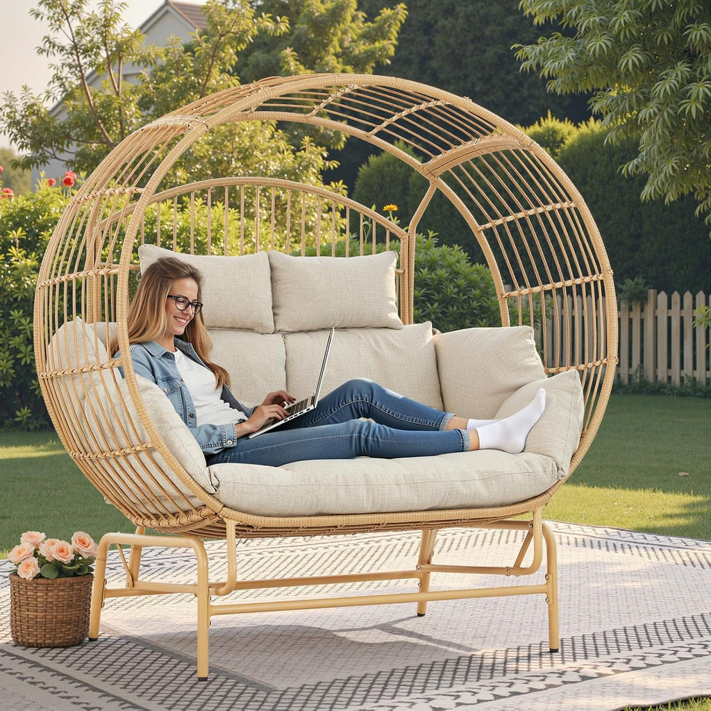 Oversized 2-Person Egg Chair Glider Rocking Chair, Heavy-Duty Wicker Rattan Outdoor Loveseat w/Thicken Padded Cushions, Extra Large Lounge Chair for Porch Backyard Patio Garden Yellow