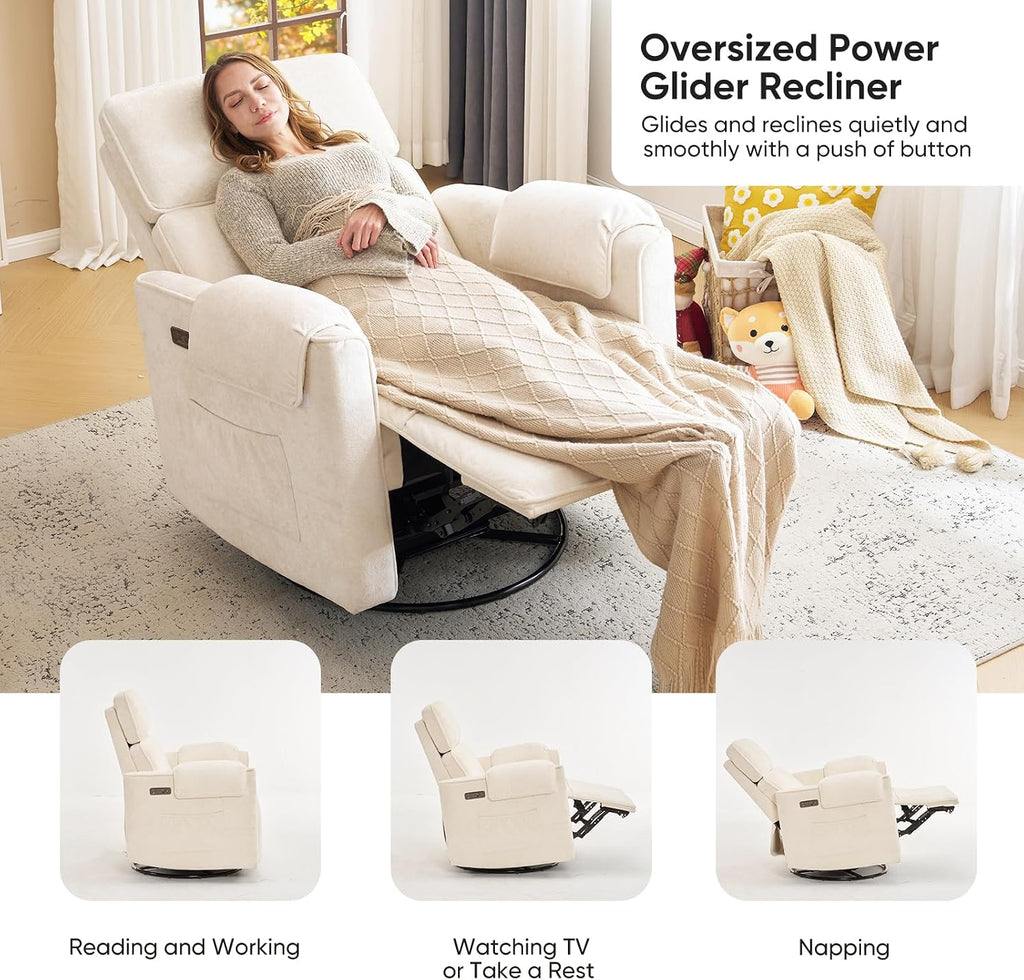 Oversized Power Rocker Recliner Chair, 26' Extra Wide Swivel Recliner with Adjustable Headrest, Chenille Glider Rocking Nursery Chair with Overstuffed Armrest, USB Ports, Cream