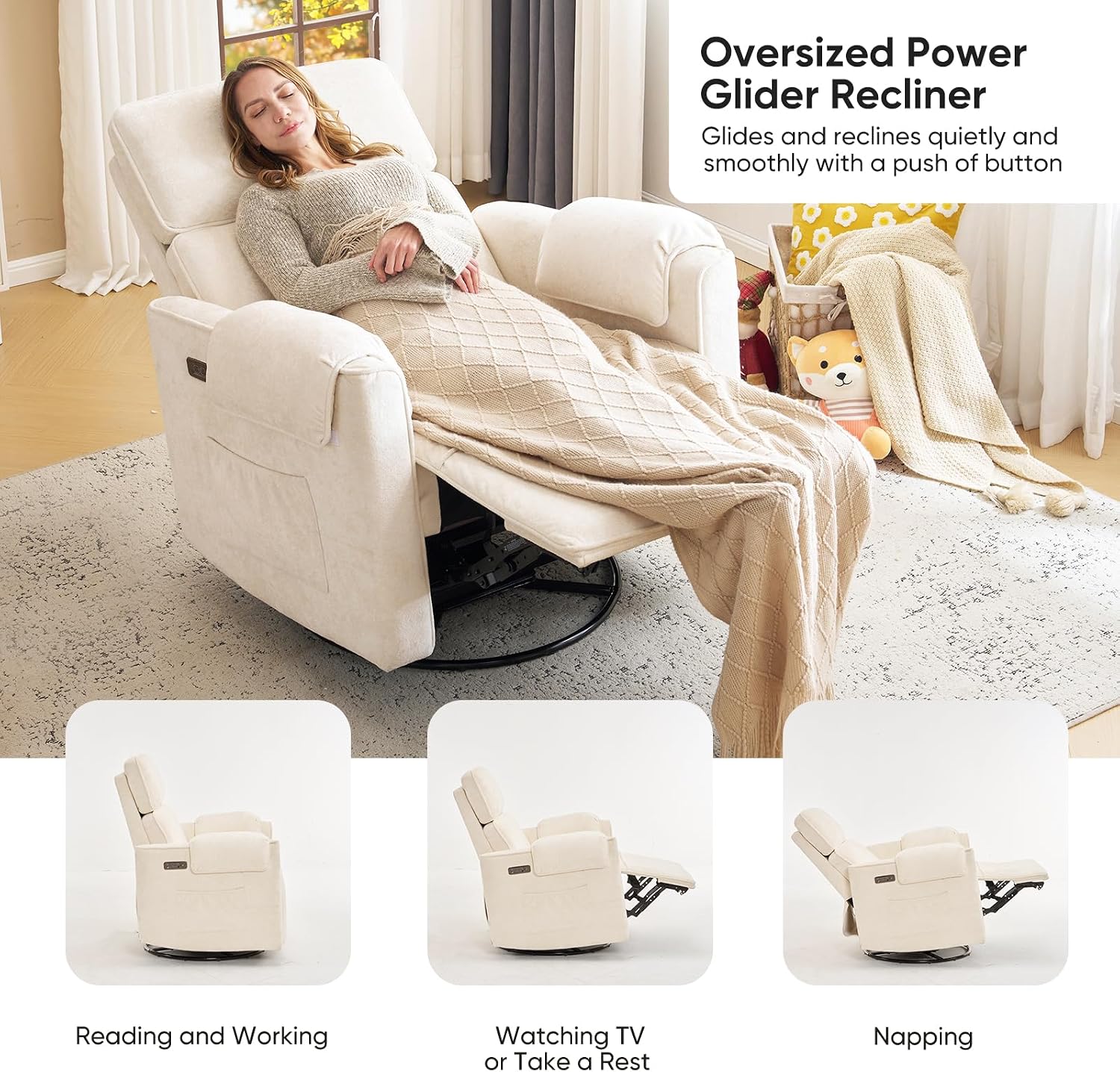 Oversized Power Rocker Recliner Chair, 26' Extra Wide Swivel Recliner with Adjustable Headrest, Chenille Glider Rocking Nursery Chair with Overstuffed Armrest, USB Ports, Cream
