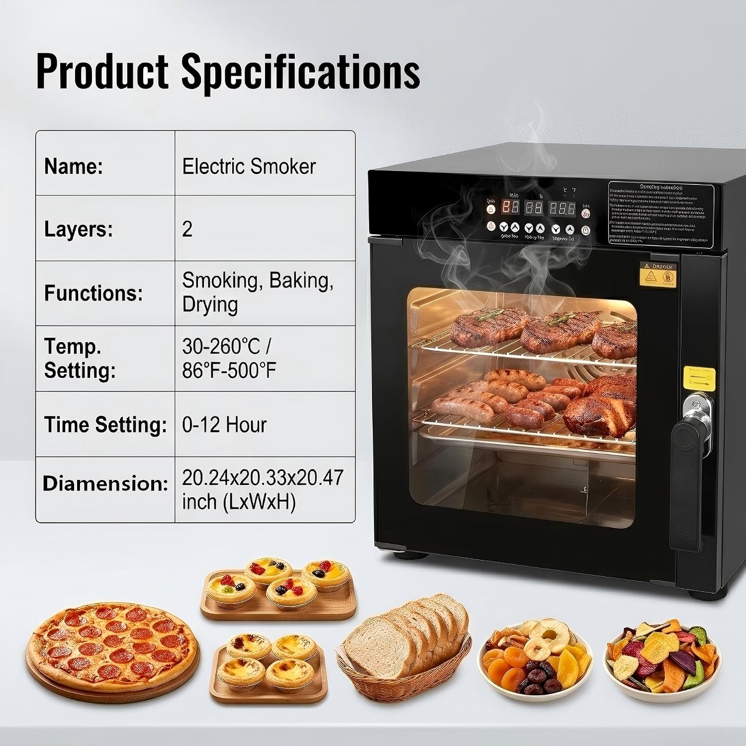 CLIVIA 3-in-1 Countertop Electric Smoker & Oven, 500°F High-Heat Roaster & Dehydrator, Stainless Steel with Viewing Window, 2-Tier Adjustable Racks, Side-Loading Wood Chip Box for Jerky, Baking & BBQ