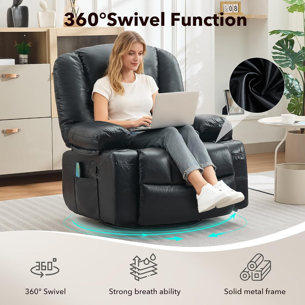 Rocker Recliner Chair with Heat and Massage,Nursery Recliner 360° Swivel Oversized Chairs for Adults,PU Leathe Lazy Boy Single Sofa Seat with 3 Positions, Side Pockets,Cup Holders for Living Room
