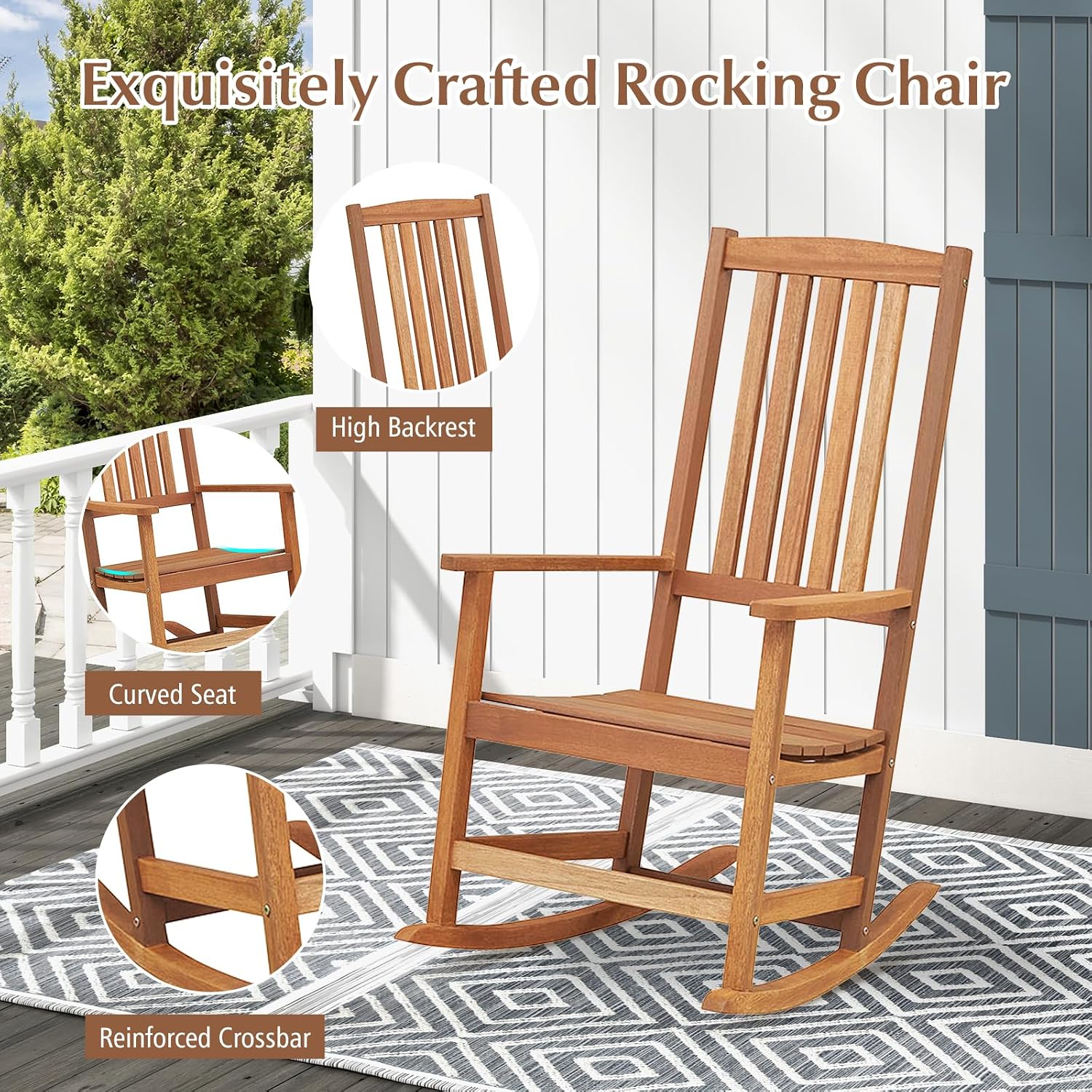 Tangkula Outdoor Rocking Chairs Set of 2, Heavy Duty High Back Patio Wood Rockers with Folding Table, for Backyard, Terrace, Poolside and Lawn
