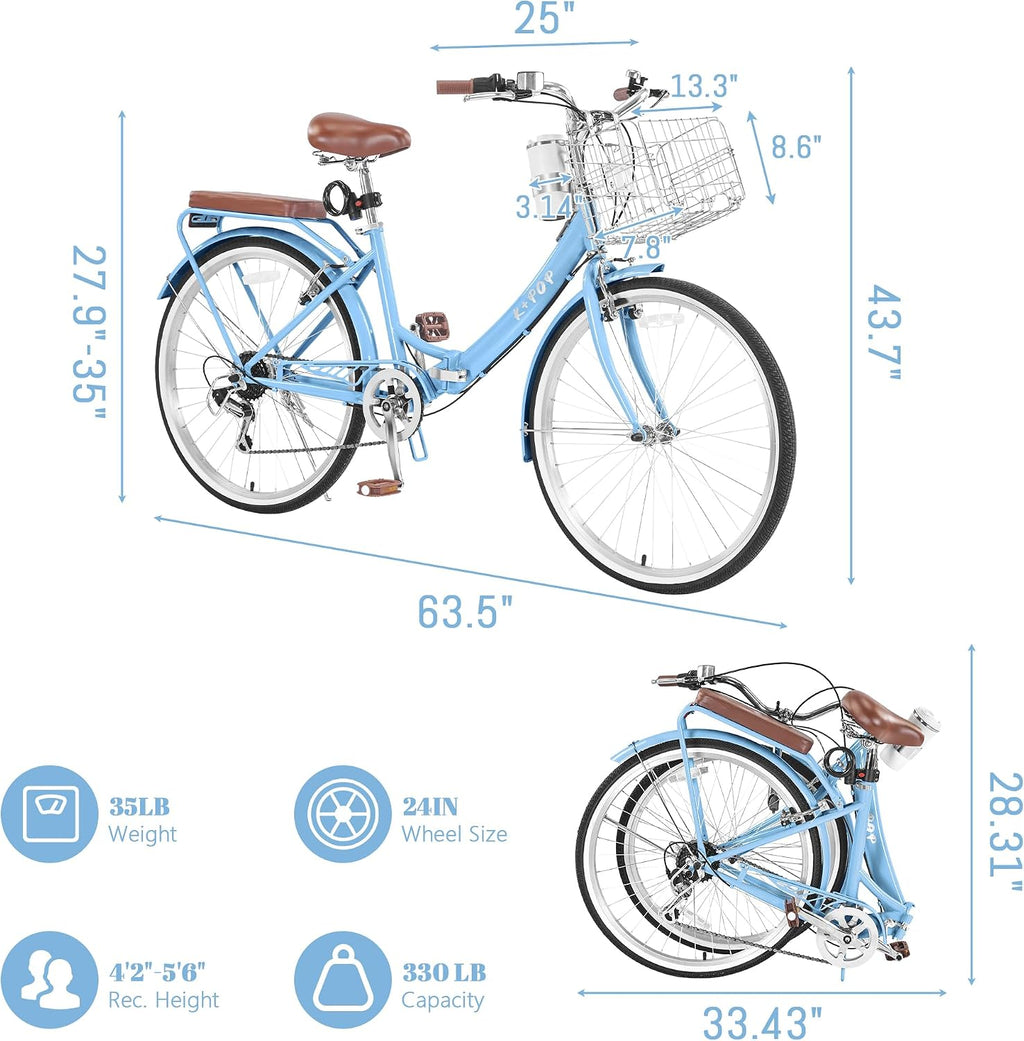 24/26 Inch Beach Cruiser Bike for Women Folding Bikes, 7-Speed Womens Bike with Basket and Coffee Cup, Womens Foldable Bicycle Commuter Bikes for Adults, Adjustable Seat & Dual V-Type Brakes