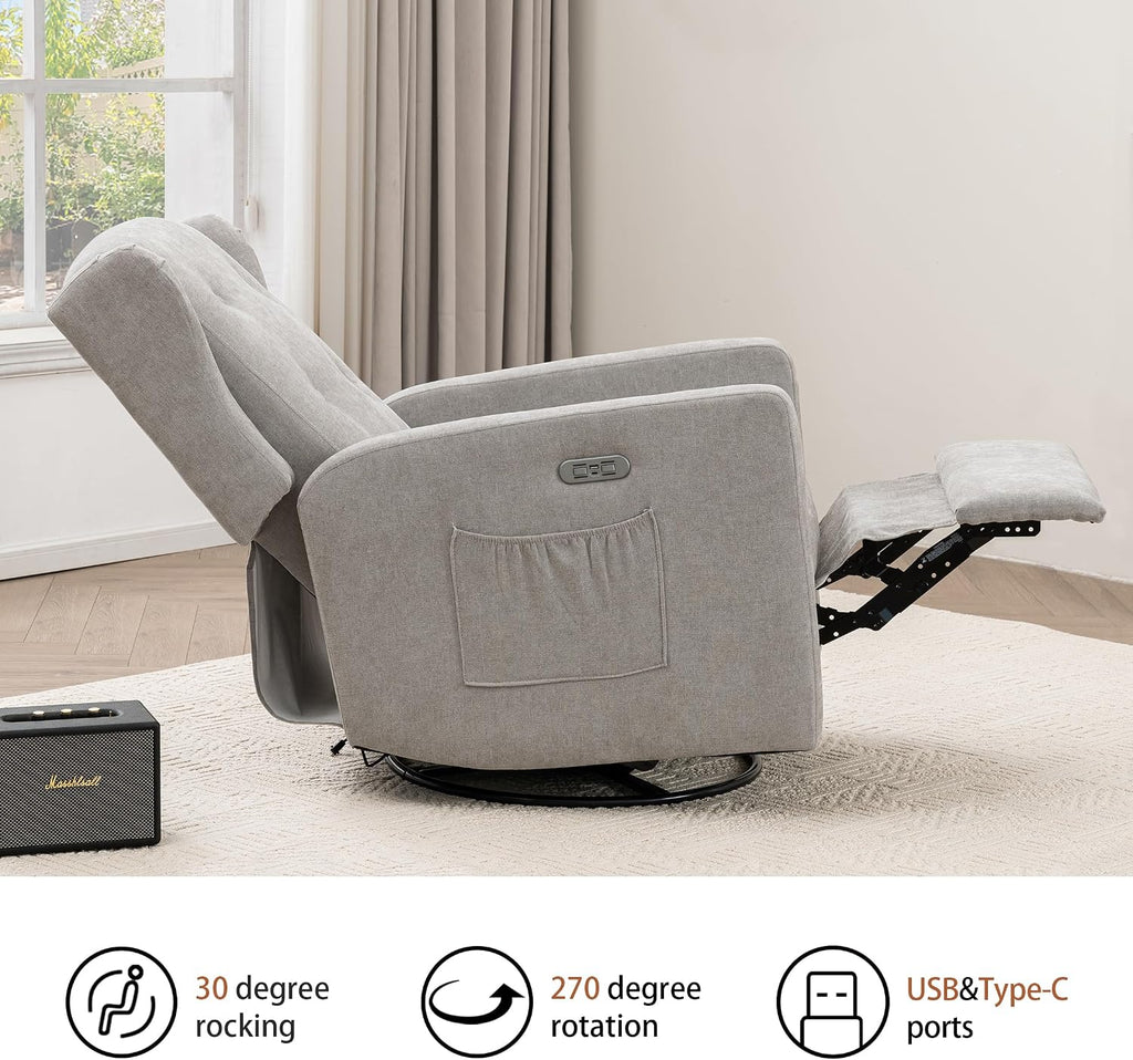 Ketaiyou Power Swivel Rocking Recliner Chair, High Back Electric Rocker Nursery Glider Chair, USB and Type-C Ports, Upholstered Fabric Reclining Single Sofa Chair for Living Room (Grey)