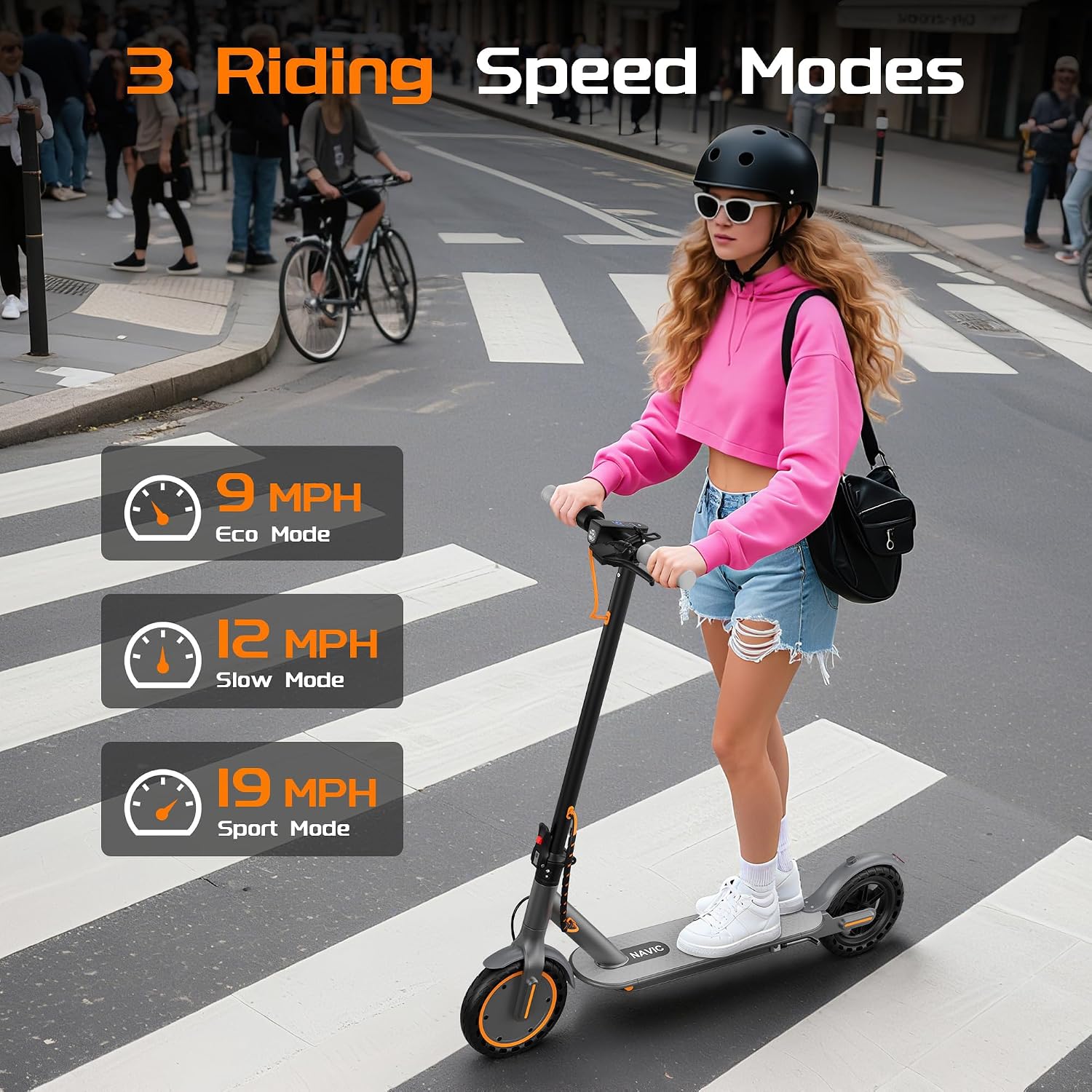 NAVIC Electric Scooter with Dual Suspension, 8.5'/10' Tires, 350W/500W Motor, 19/22 Mph, Max 22/25/27/49Miles Range, Foldable E Scooter for Adults with Braking, App Control