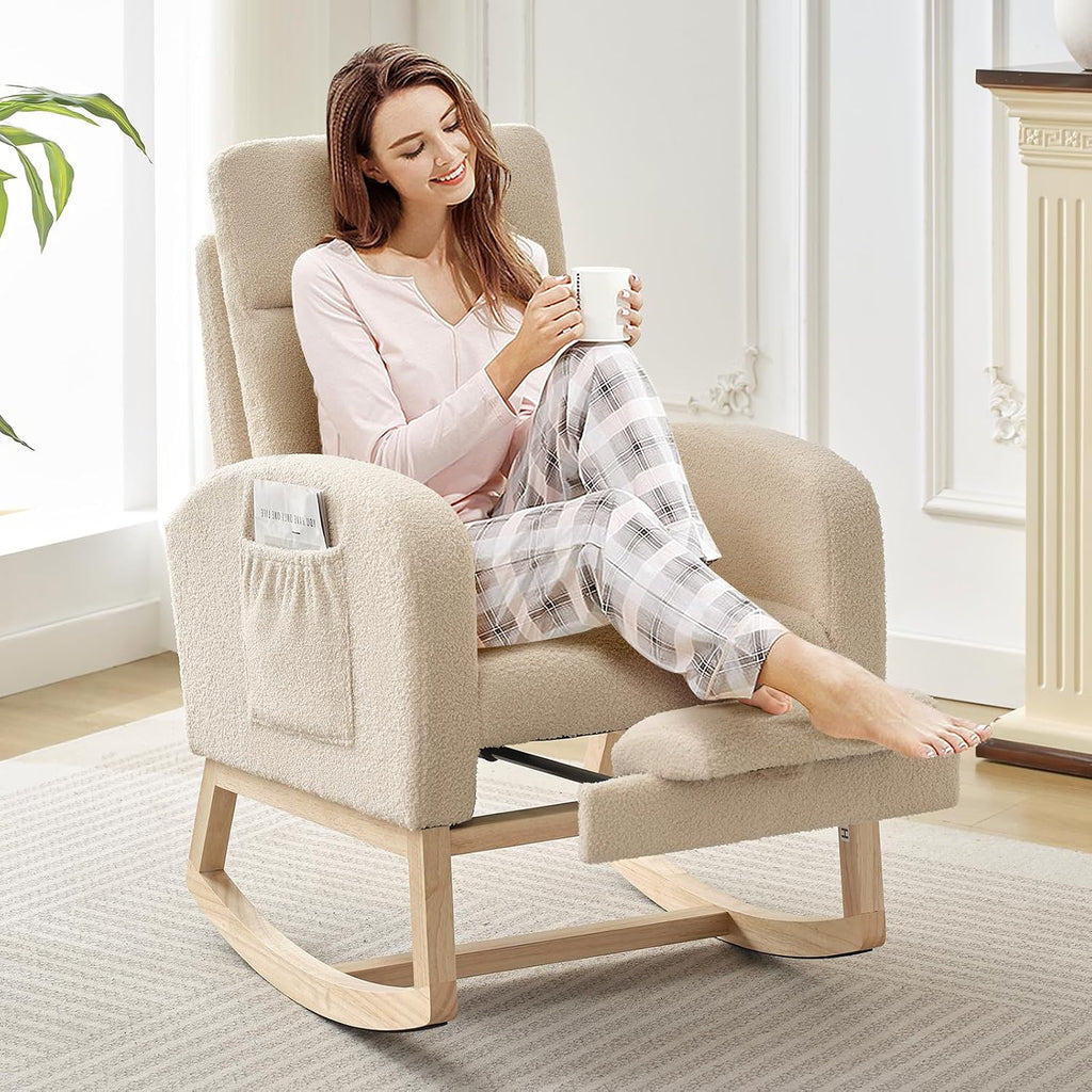 Nursery Rocking Chair with Foot Rest, High Back Upholstered Glider Rocker Chair, Solid Wood Base Lounge Chair for Mom Feeding, Living Room Bedroom Relaxation