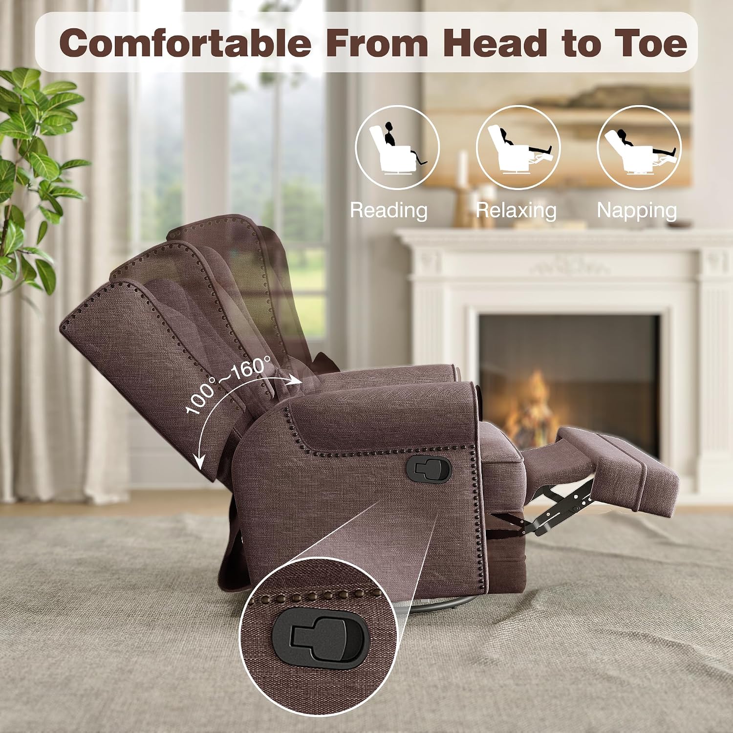 RoyalCraft Swivel Recliner Chair, Comfy Glider Rocking Chairs with Lumbar Pillow and Footrest, Upholstered Swivel Rocking Chair for Living Room, Bedroom, Brown