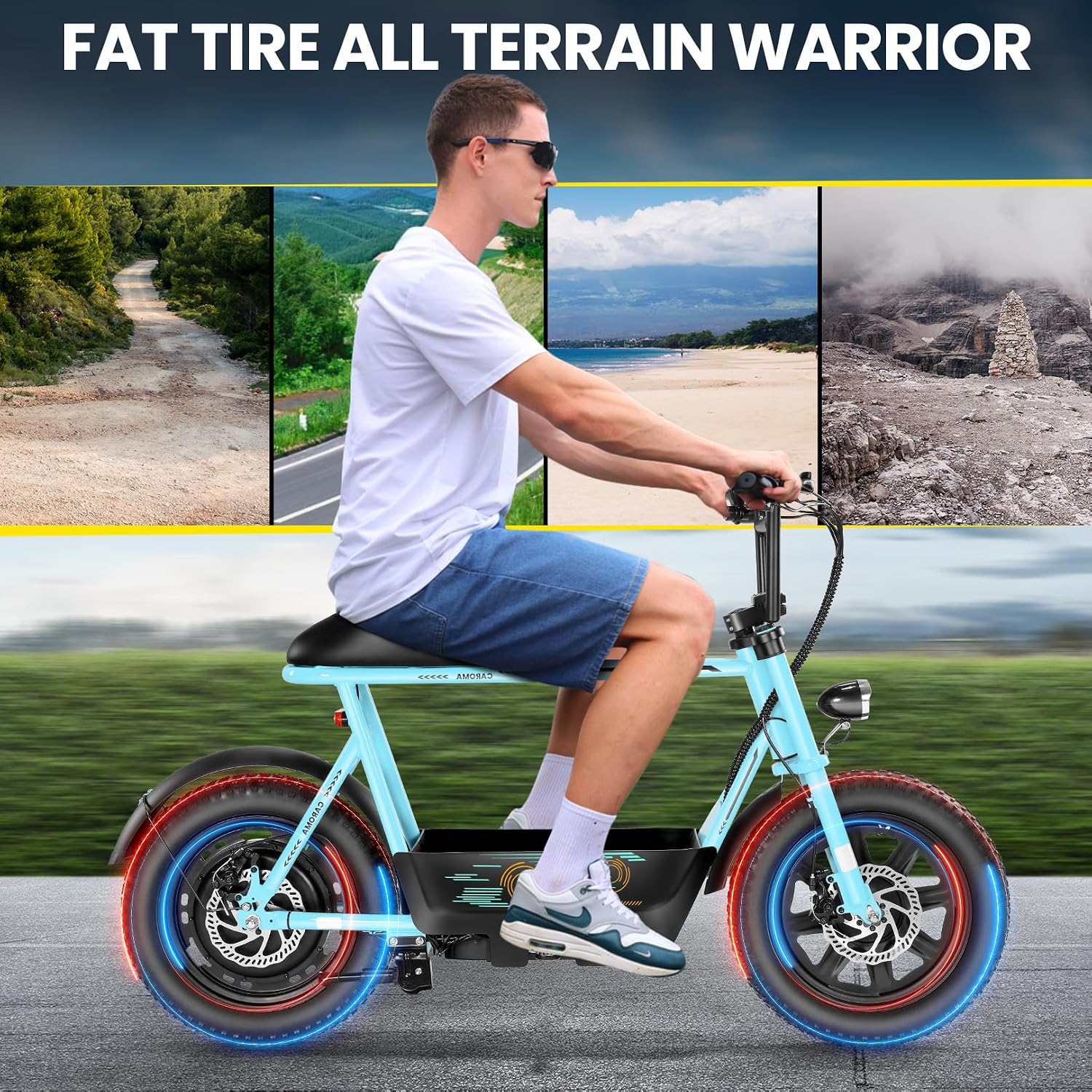 Caroma Peak 1200W/800W/500W Electric Scooter with Seat,16'×3' Fat Tire Ebike All-Terrain,Max 30Miles&20MPH Electric Scooter Adults,Electric Motorcycle Adults with Storage Basket for Pets&Cargo