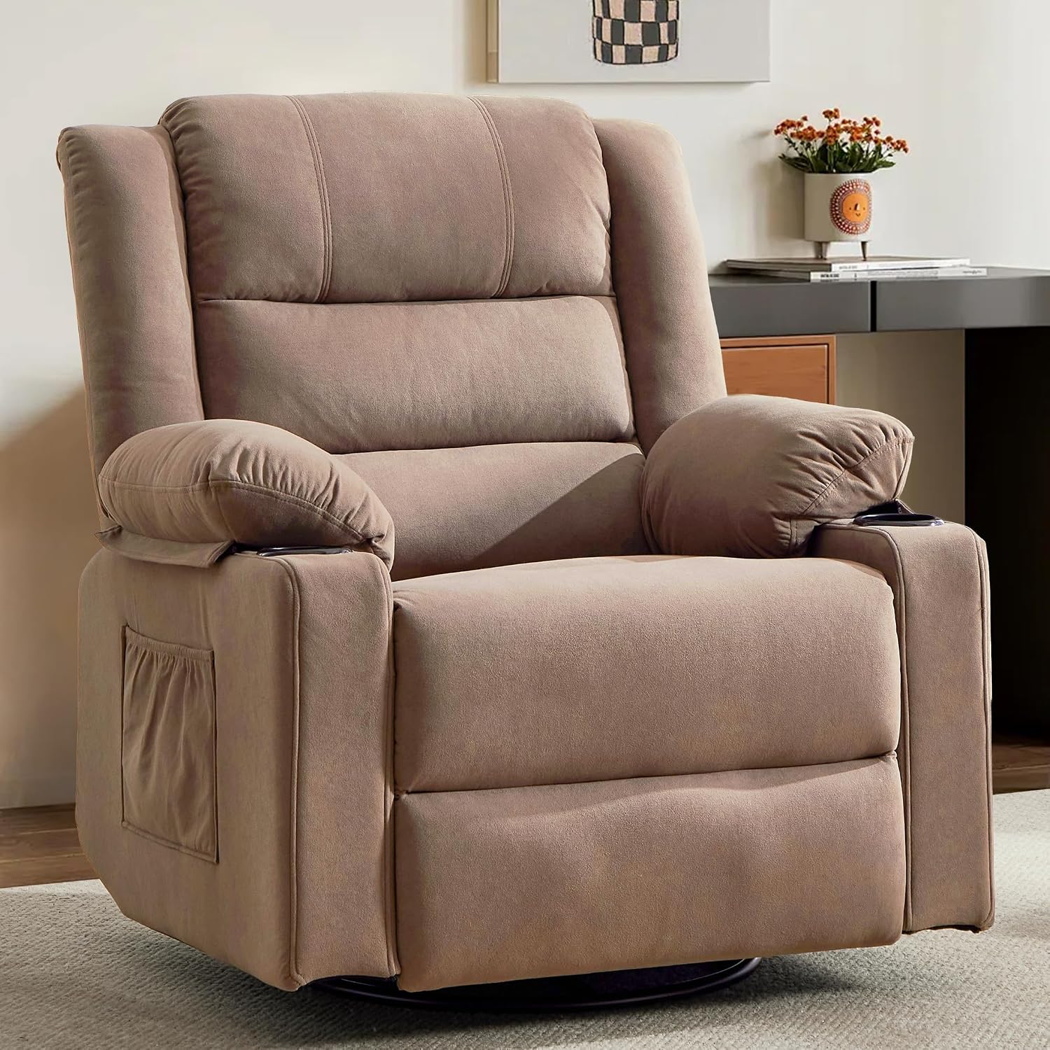 360°Swivel Rocker Recliner Chair for Adults,Manual Glider Recliner Sofa with Massage and Heating, Nursery Rocking Chairs with Cup Holds for Living Room Bedroom (Light Mocha)