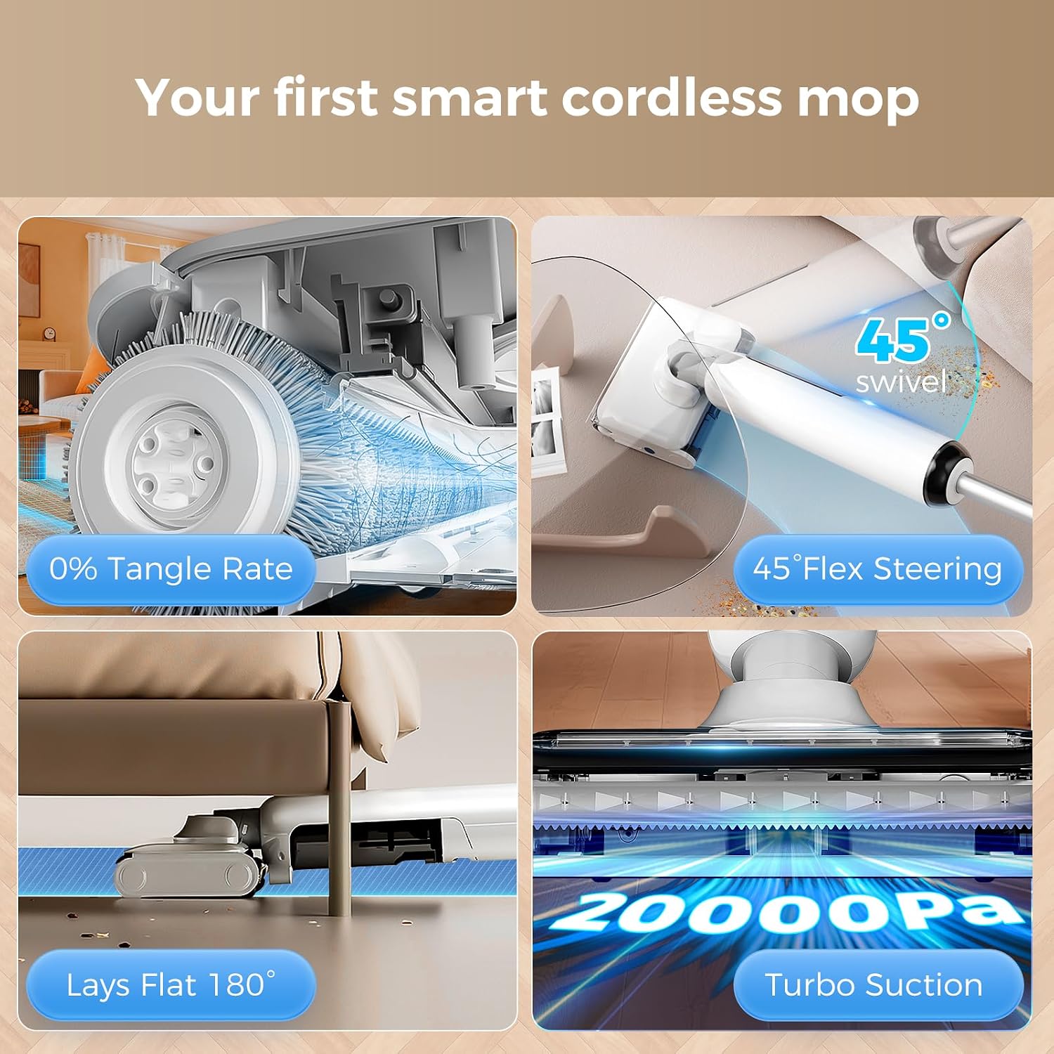 Wet Dry Vacuum Mop - Self-Cleaning Floor Washer with 180°Lie-Flat & 0 Hair Tangle, Self-Propelled Edge Cleaning, 60Min Runtime, Designed for Pet Hair, Kids' Spills & Daily Household Cleaning