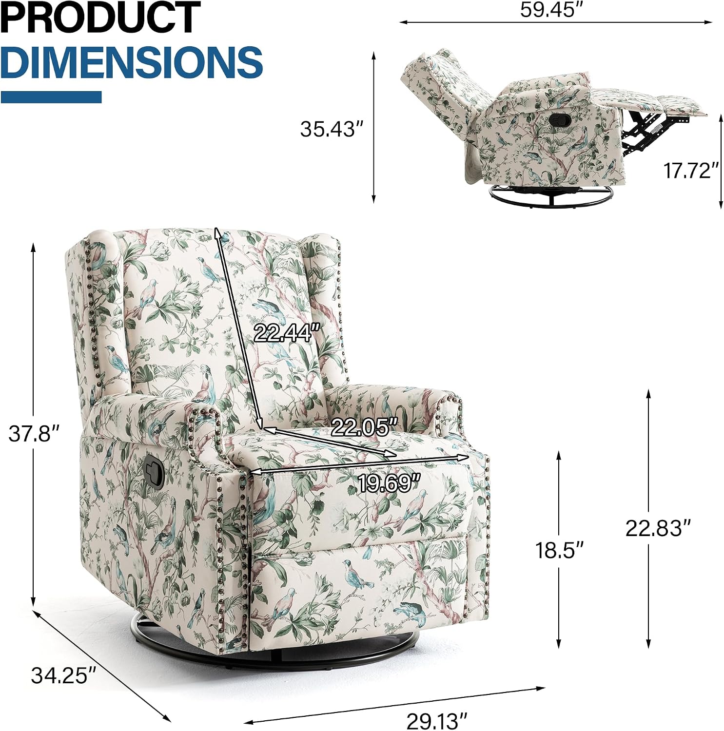 Lumibee Swivel Wingback Recliner Chair, 360° Swivel Rocker Recliner Chair with Footrest High Back, Comfy Upholstered Glider Rocking Chair for Living Room Bedroom (Bird)