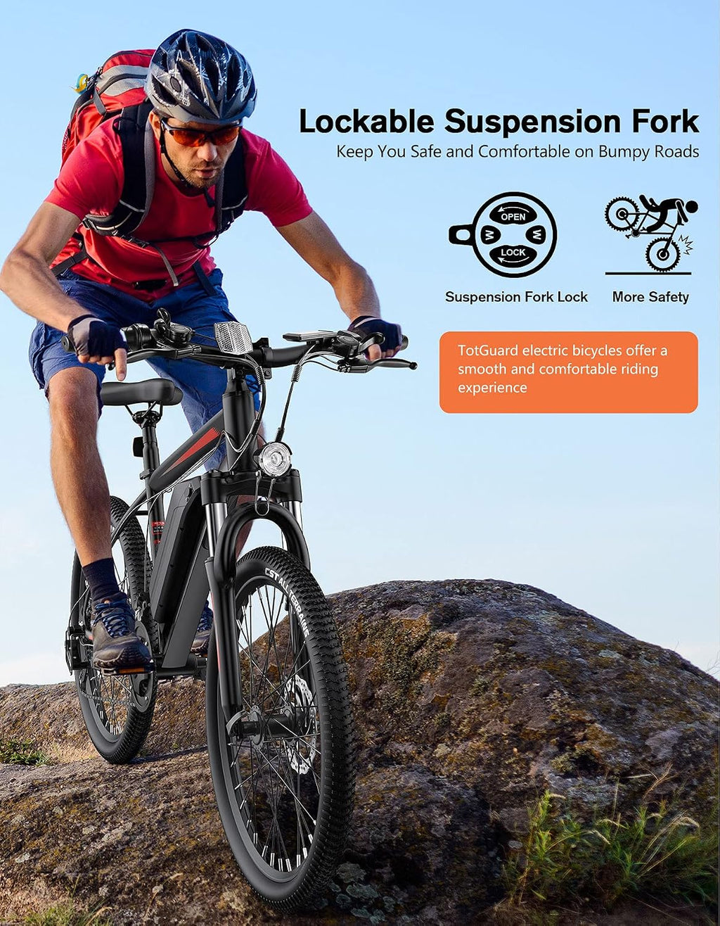 TotGuard Electric Bike for Adults, 26' Ebike with Peak 500W Brushless Motor, Electric Mountain Bike with 374Wh Removable Battery, 50 Miles Electric Bicycle with Suspension Fork, 21 Speed, LCD Display.