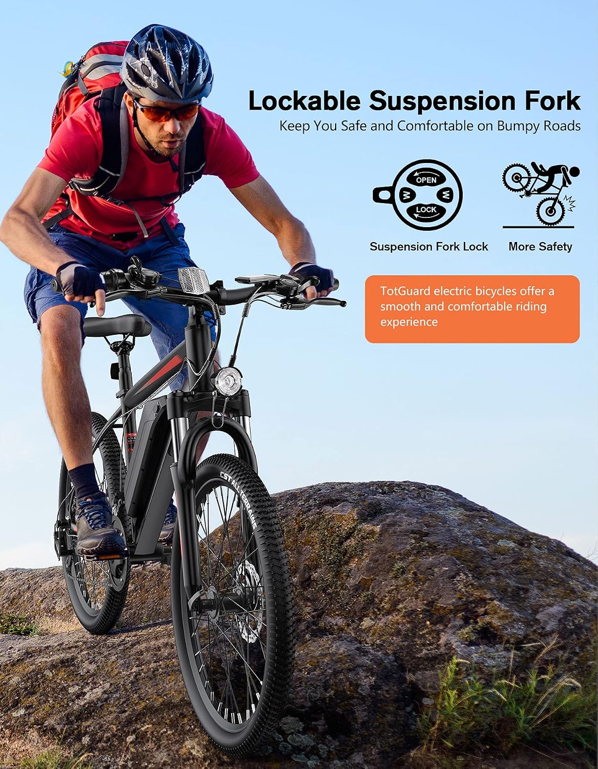 TotGuard Electric Bike for Adults, 26' Ebike with Peak 500W Brushless Motor, Electric Mountain Bike with 374Wh Removable Battery, 50 Miles Electric Bicycle with Suspension Fork, 21 Speed, LCD Display.