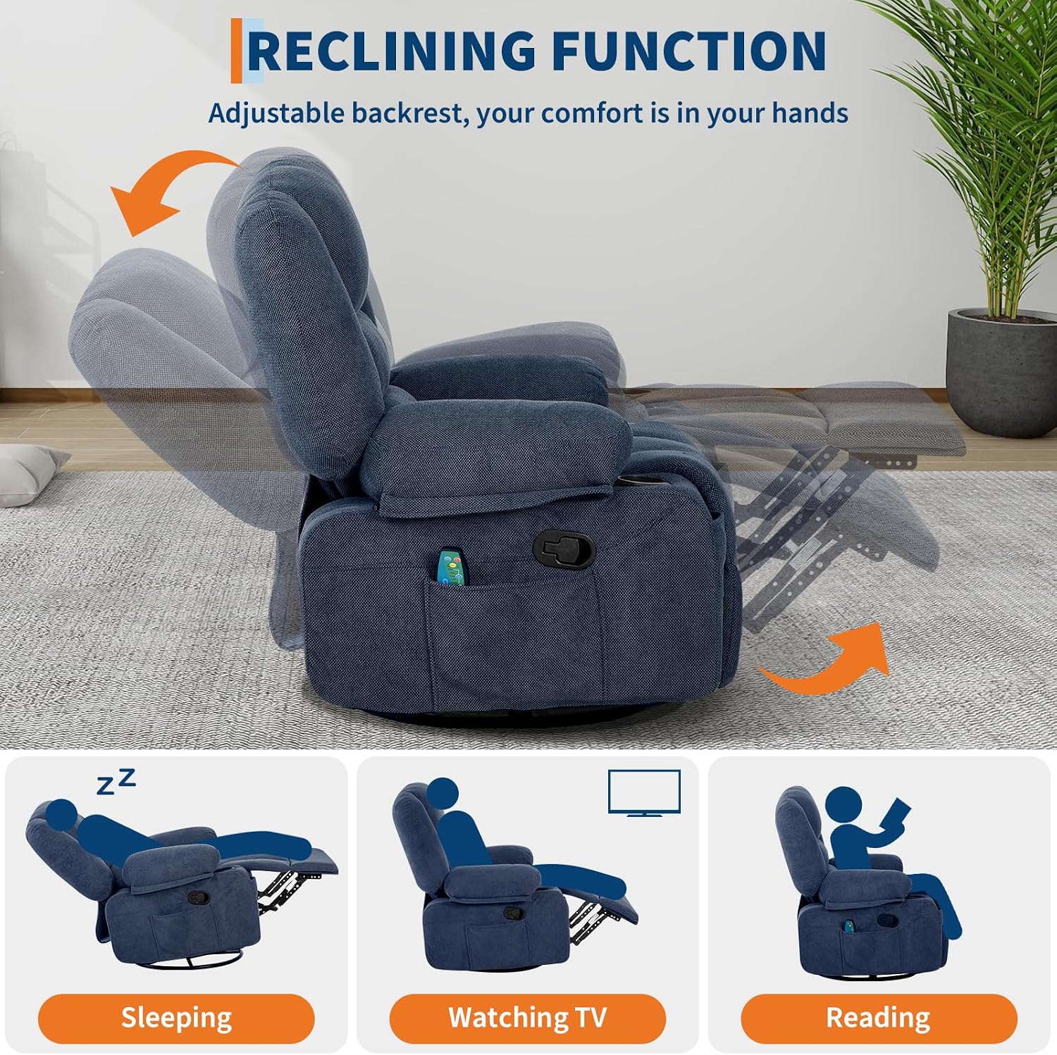 Rocker Recliner Chair with Heat and Massage,Nursery Recliner 360° Swivel Oversized Chairs for Adults,Chenille Lazy Boy Single Sofa Seat with 3 Positions,Side Pockets,2 Cup Holders for Living Room,Blue