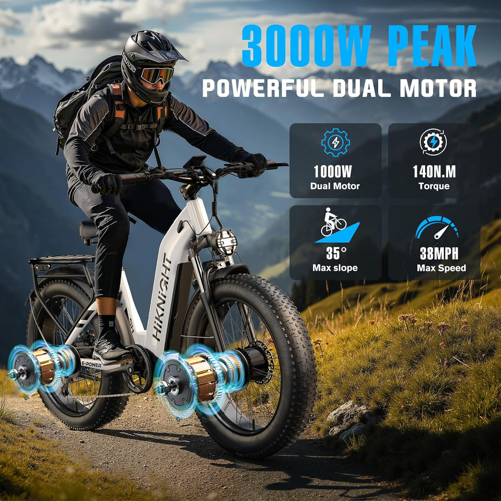 Electric Bike for Adults, 3000W Peak Dual Motor 52V 20AH Battery E Bike 26' x 4.0' Fat Tire Electric Mountain Bike Step-Thru Electric Bicycle for Women Men, Up to 38MPH