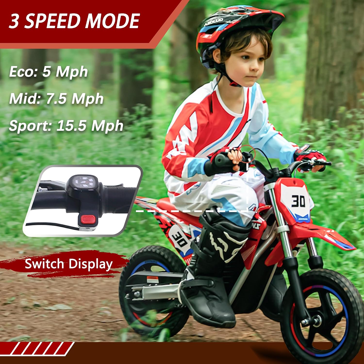OLALA 36V Electric Dirt Bike for Kids 3-6, 250W Brushless Motor with 3-Speed Control, 15.5 MPH Max Speed, 12' Off-Road Tires Motorcycle, for Boys & Girls, Red