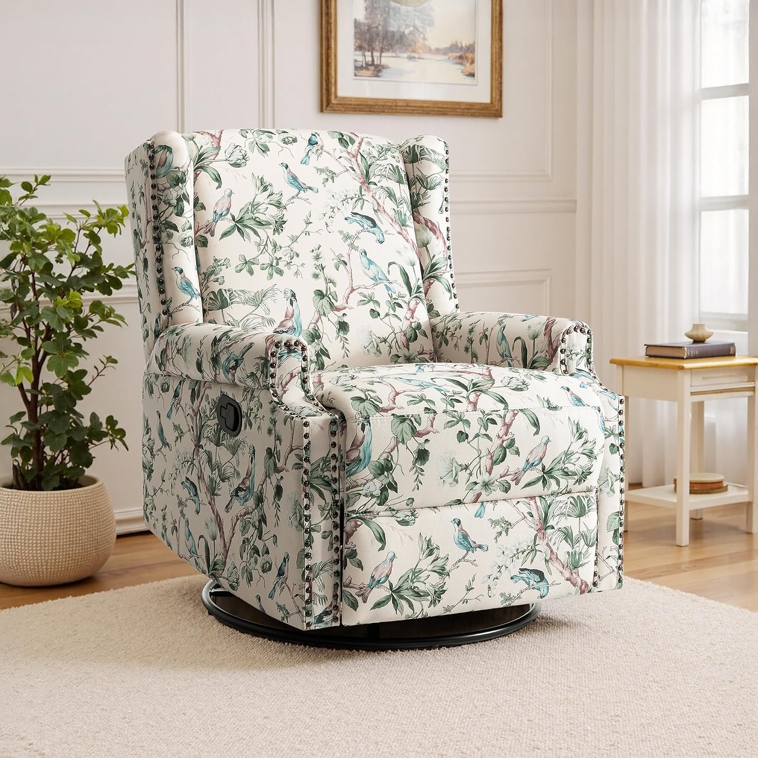 Lumibee Swivel Rocker Recliner Chair, Printed Fabric High Back Swivel Glider Rocking Chair, Upholstered Deep Seat Wingback Recliner Chair for Living Room Bedroom, Bird