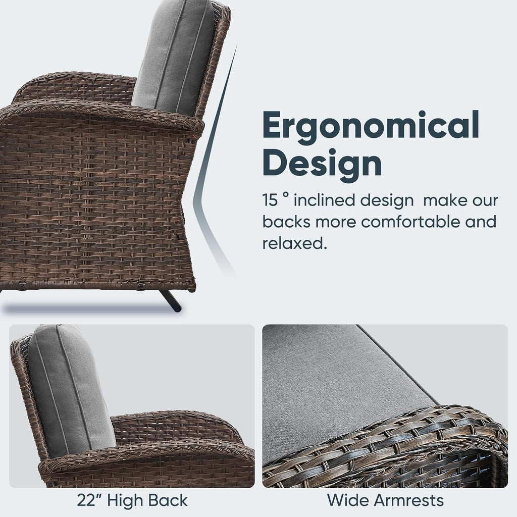 Belord 5 Piece Wicker Patio Furniture Set - Outdoor Conversation Sets with Deep Seating Swivel Rocker Chairs Loveseat and Rattan Coffee Table for Deck Backyard, Brown Wicker/Grey Cushion