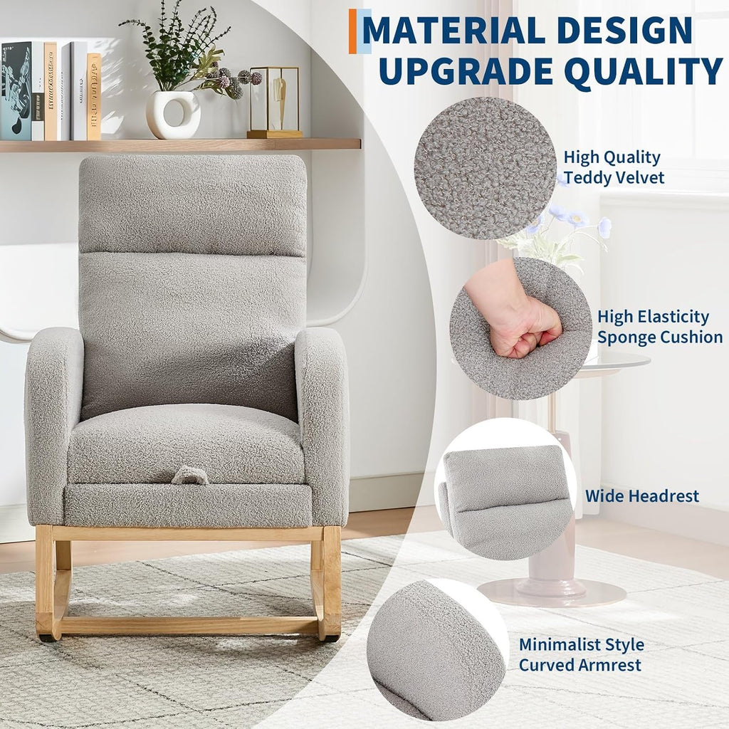 Teddy Fabric Nursery Rocking Chair with Adjustable Footrest, Two Side Pockets & Solid Wooden Legs - High Backrest Comfortable Lounge Armchair for Nursery, Living Room, Bedroom,Gray.