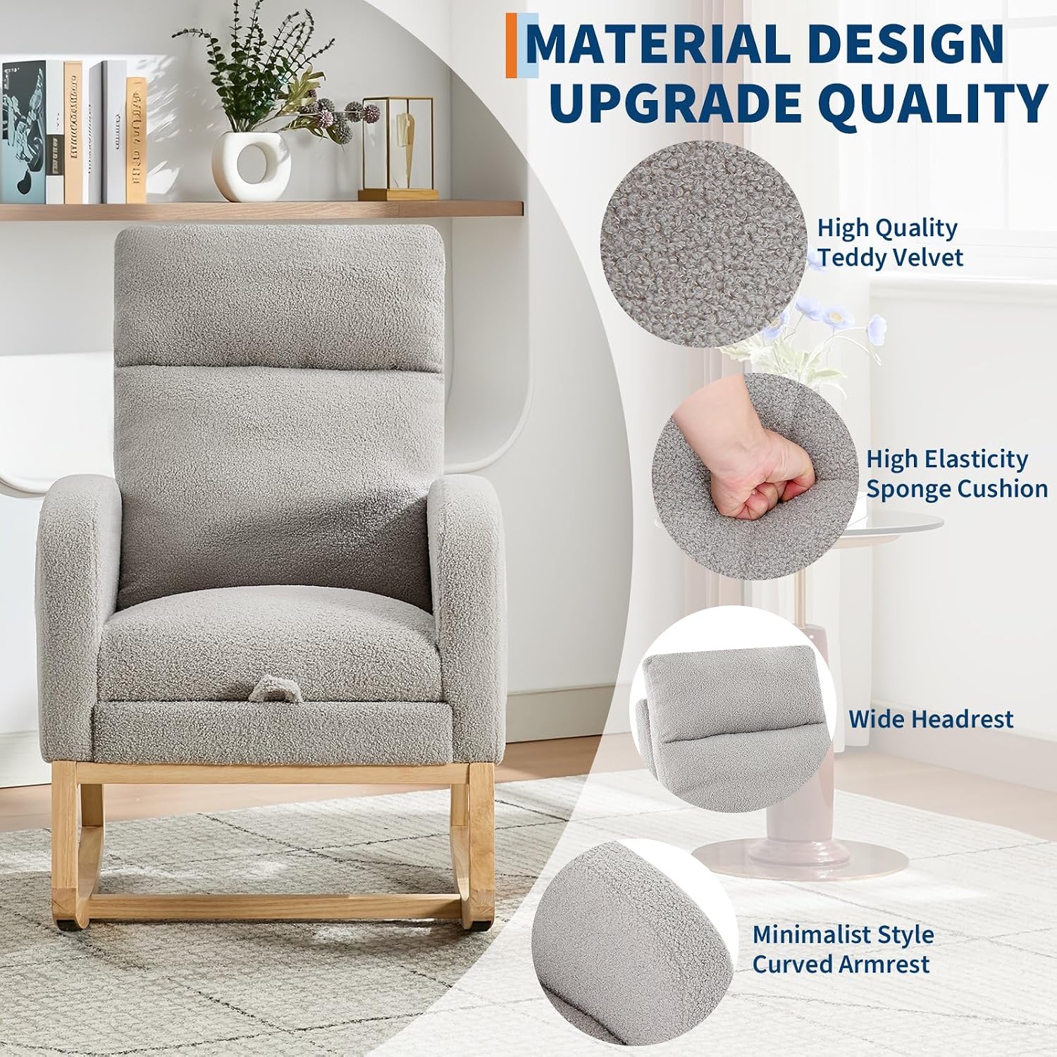 Teddy Fabric Nursery Rocking Chair with Adjustable Footrest, Two Side Pockets & Solid Wooden Legs - High Backrest Comfortable Lounge Armchair for Nursery, Living Room, Bedroom,Gray.