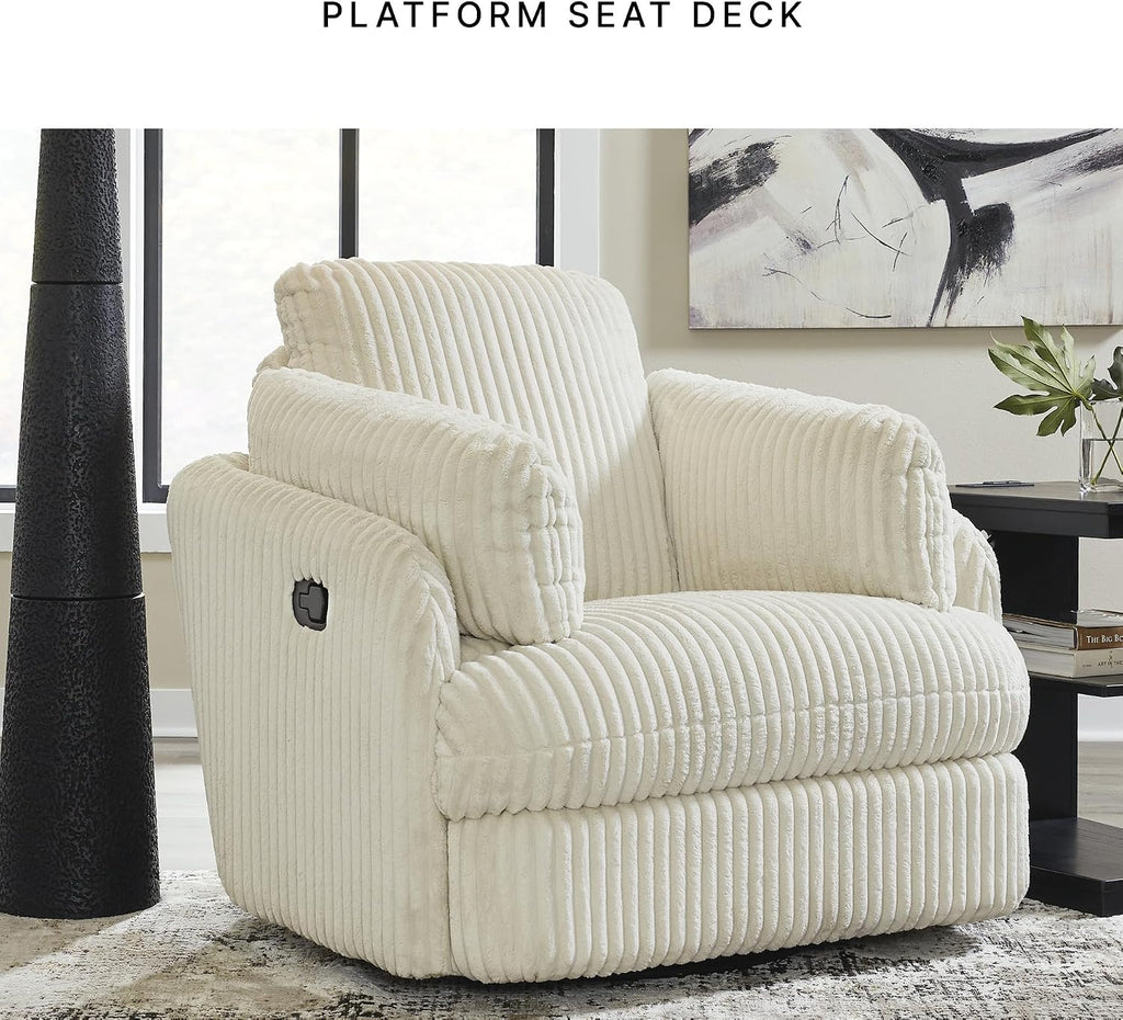 Signature Design by Ashley Tie-Breaker Cozy Contemporary Manual Press-Back Swivel Glider Rocker Recliner with 2 Bolster Pillows and Hidden Storage, White