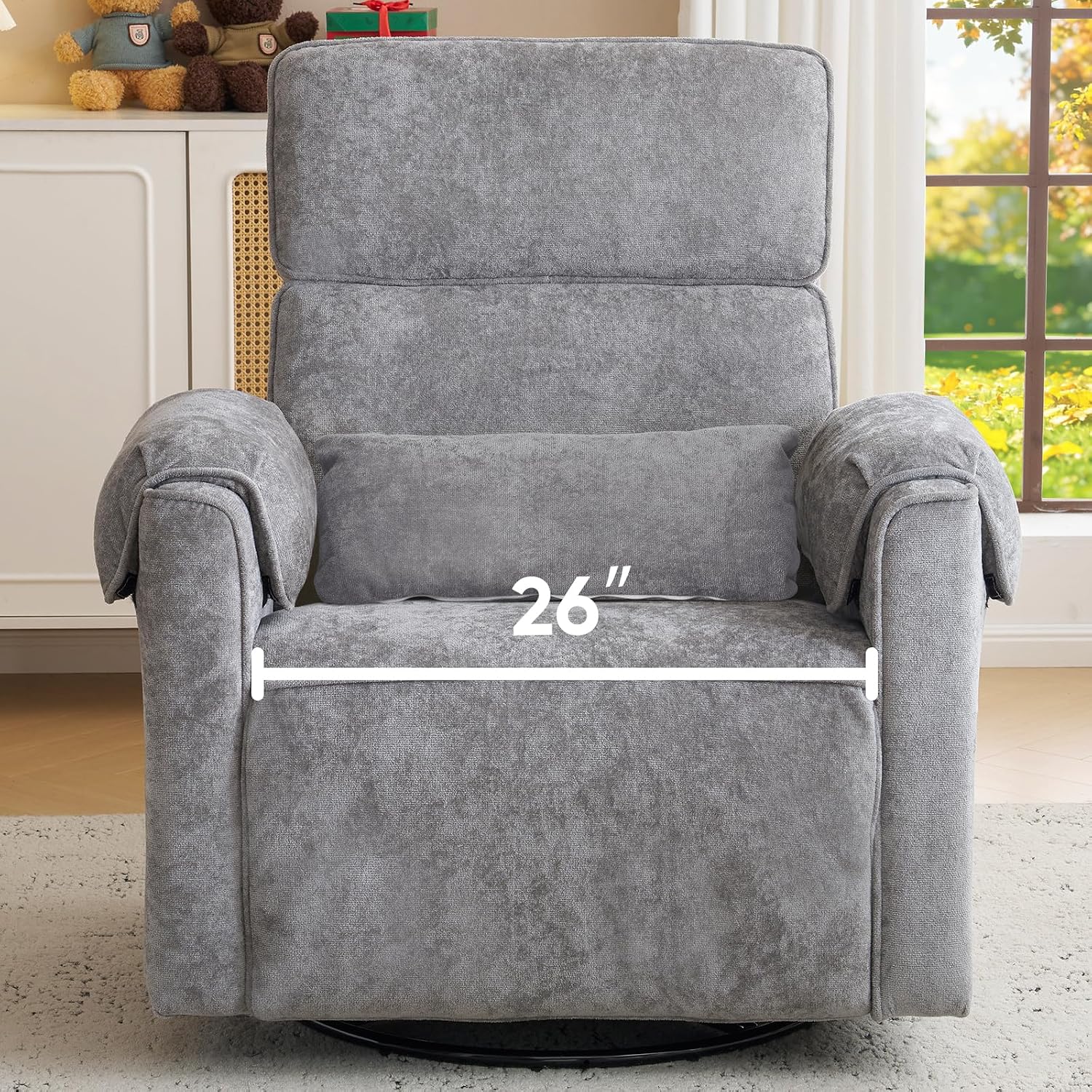 Oversized Power Recliner Chair, 26' Extra Wide Swivel Rocker Recliner with Adjustable Headrest, Chenille Glider Rocking Nursery Chair with Overstuffed Armrest, USB Ports, Grey
