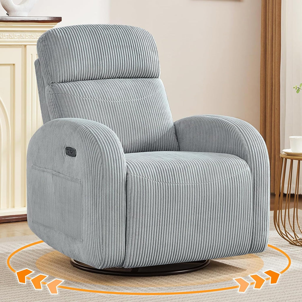 Power Nursery Glider Recliner, Swivel Glider Recliner with USB & Type-C Port, Swivel Reclining Nursery Rocker with Double Pockets for Living Room, Grey,Corduroy