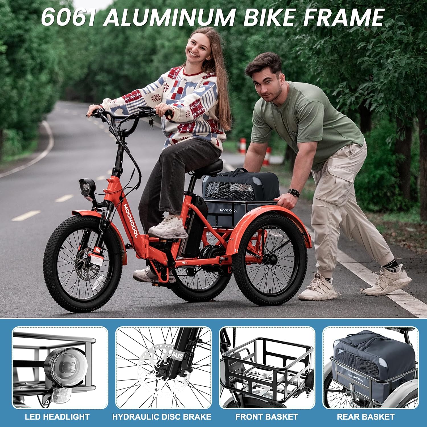 MOONCOOL Folding Electric Tricycle for Adults, 48V 500W 3 Wheels Electric Trike, Aluminum Frame Electric Tricycle Adult Bicycle with Removable Battery, Storage Bags Included