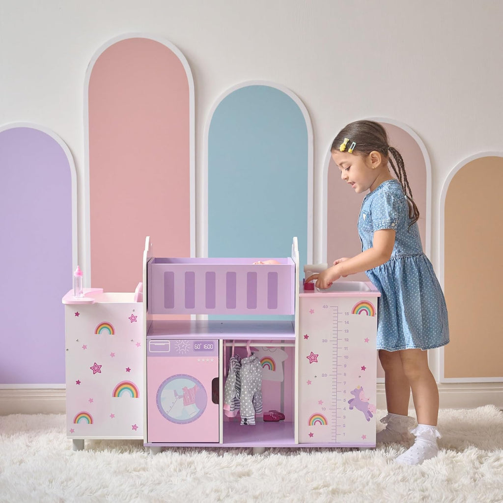 Olivia's Little World Fantasy Care Doll Nursery 6-in-1 Unicorn Themed Baby Station with Cradle, Washer, High Chair, Sink & Closet with 3 Wooden Hangers for Pretend Play, for Girls Ages 3 and Up