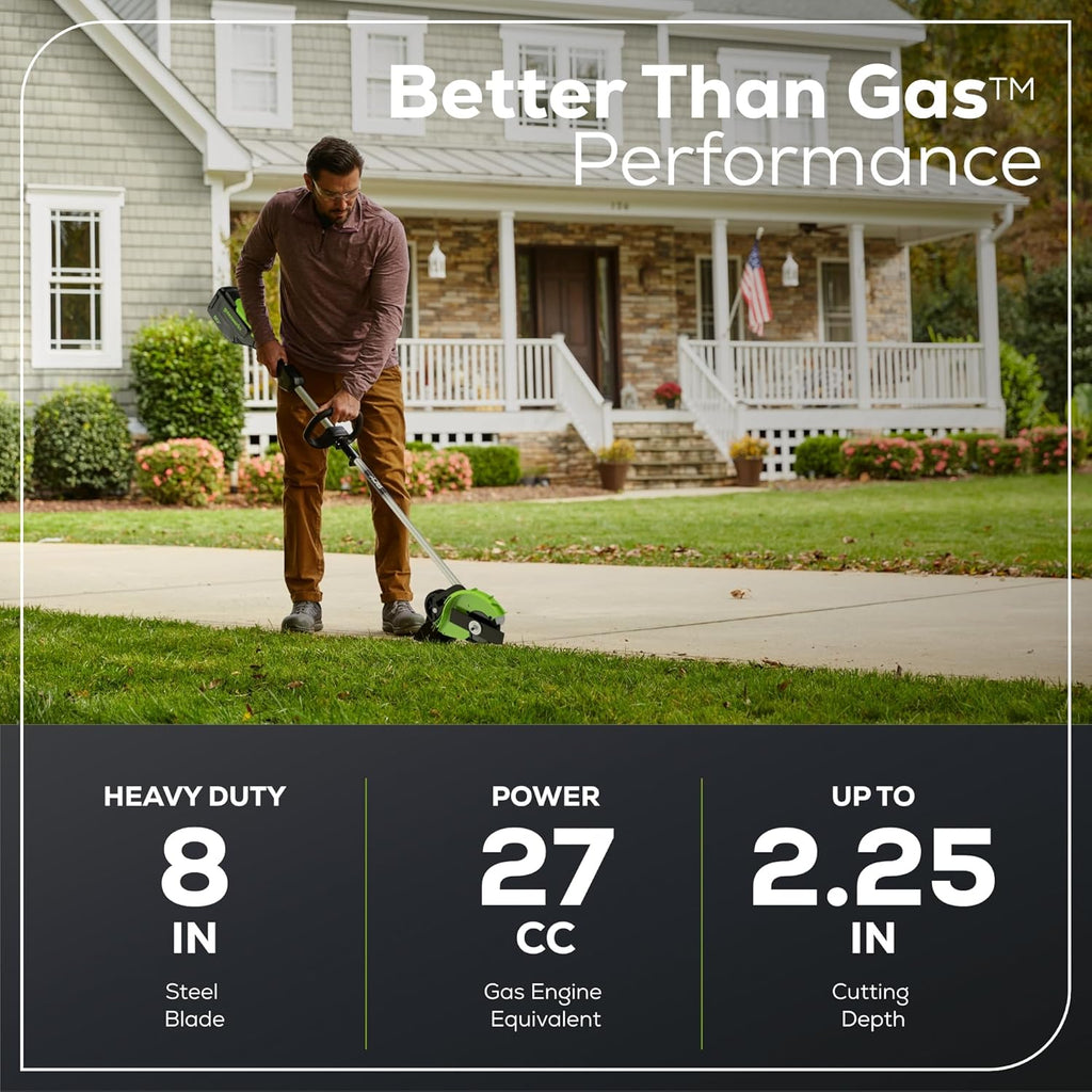 Greenworks 80V All-Terrain Brushless Edger, 8' Steel Blade, 2.25' Pro Depth & Tool-Free Adjust, 27cc Gas Power Equivalent, Battery and Charger Not Included