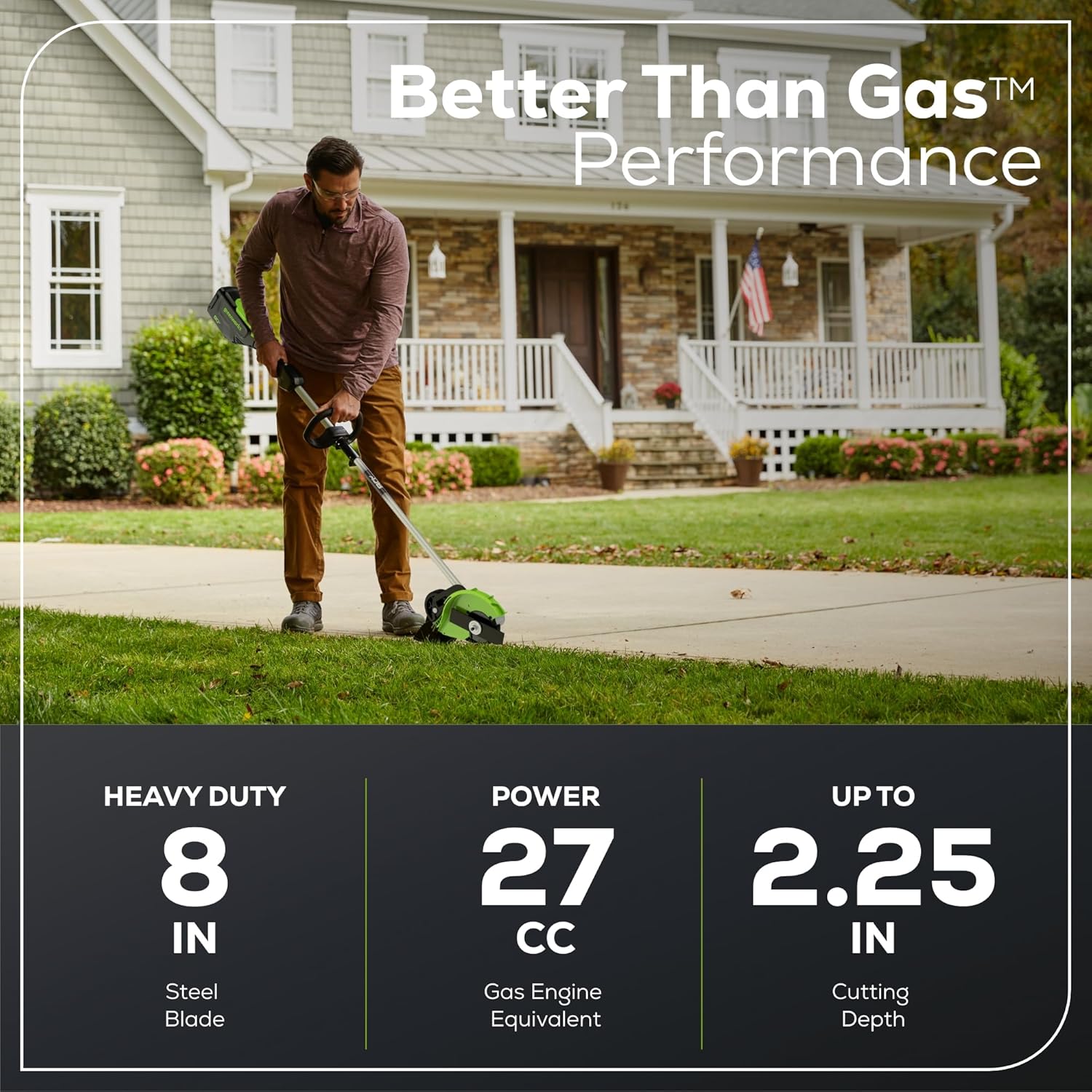 Greenworks 80V All-Terrain Brushless Edger, 8' Steel Blade, 2.25' Pro Depth & Tool-Free Adjust, 27cc Gas Power Equivalent, Battery and Charger Not Included