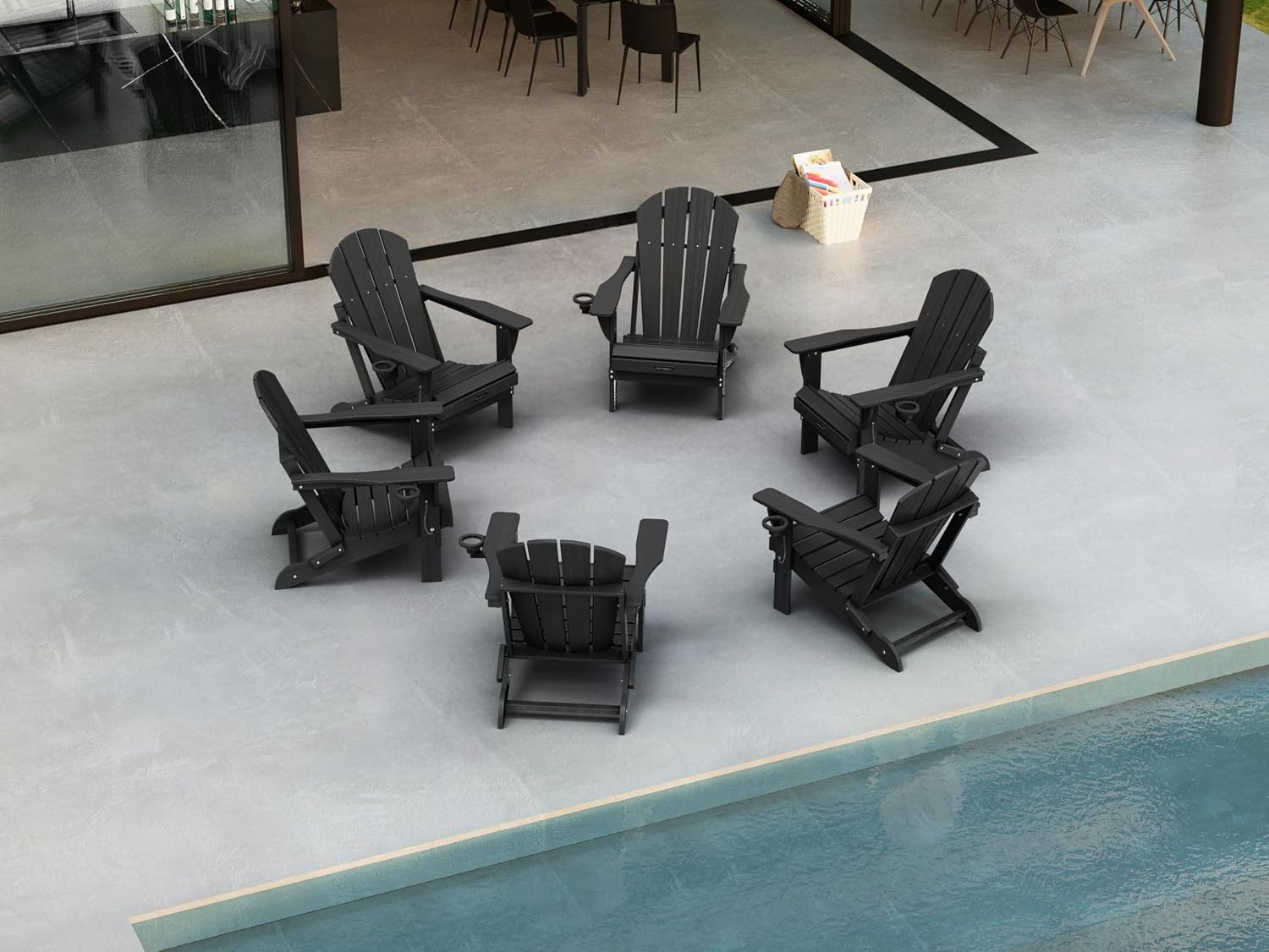 Ciokea Folding Adirondack Chair 6 Pack, Patio Adirondack Chair Weather Resistant, Plastic Fire Pit Chair with Cup Holder, Lawn Chair for Outdoor Porch Garden Backyard Deck (Black)