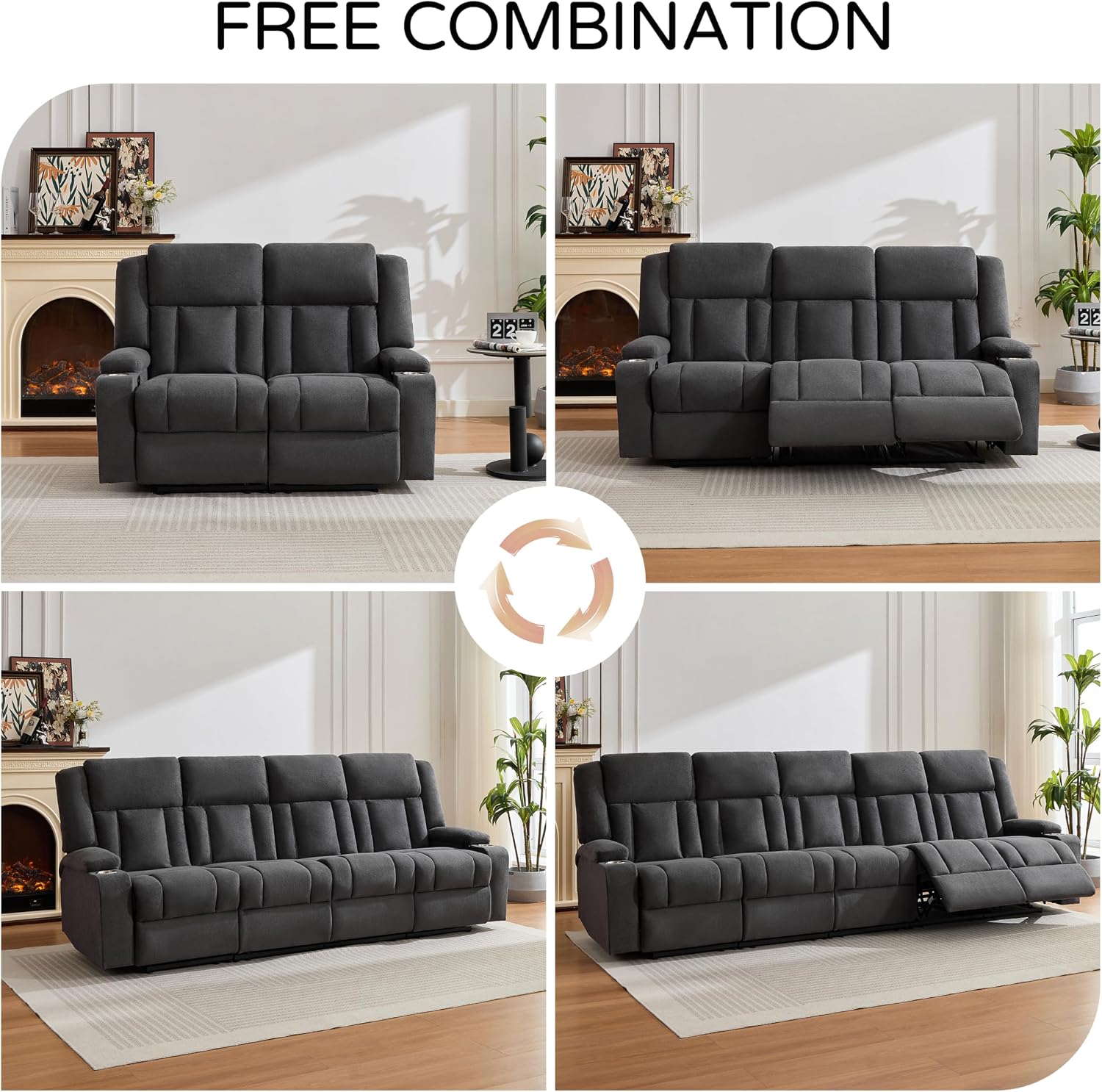 Recliner Sofa with Cup Holders, 3-Seater Fabric Reclining Couch, Manual Recliner Wall Hugger for Living Room, Home Theater, Small Spaces (Dark Gray)