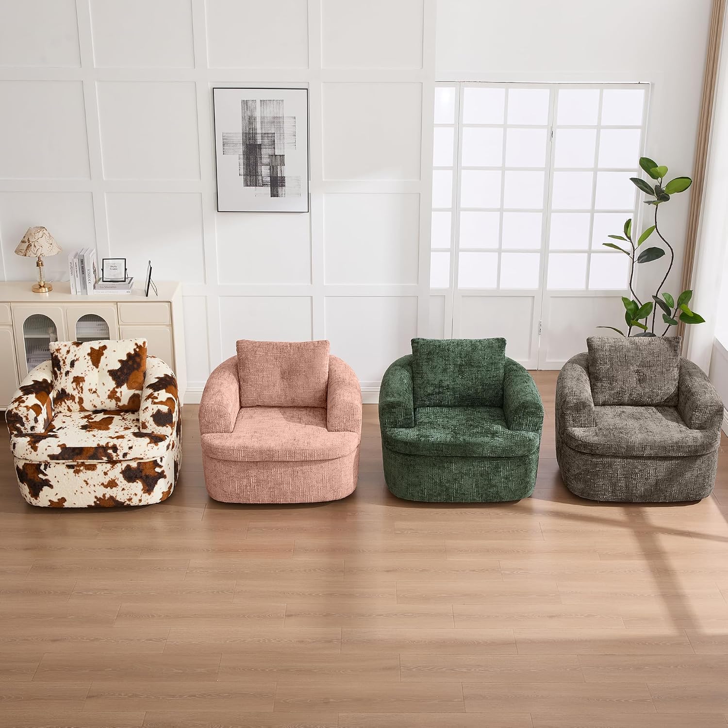 JIVOIT 360° Swivel Barrel Accent Chair, 36.6' Swivel Round Sofa Chair with Dual-Layer Cushion Design, Modern Upholstered Single Sofa for Living Room, Bedroom, Office and Hotel (Brown, 121)