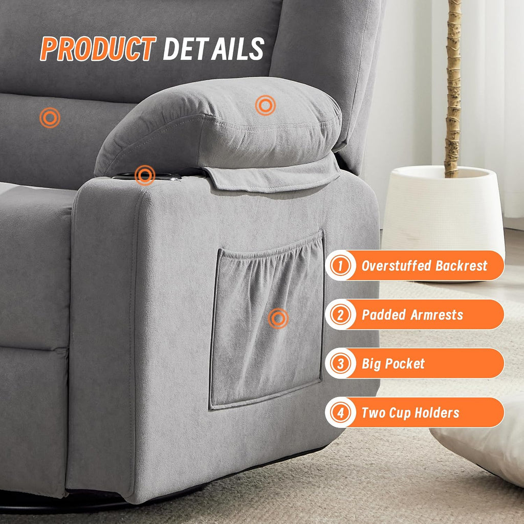 360°Swivel Rocker Recliner Chair for Adults,Manual Glider Recliner Sofa with Massage and Heating, Nursery Rocking Chairs with Cup Holds for Living Room Bedroom (Grey)
