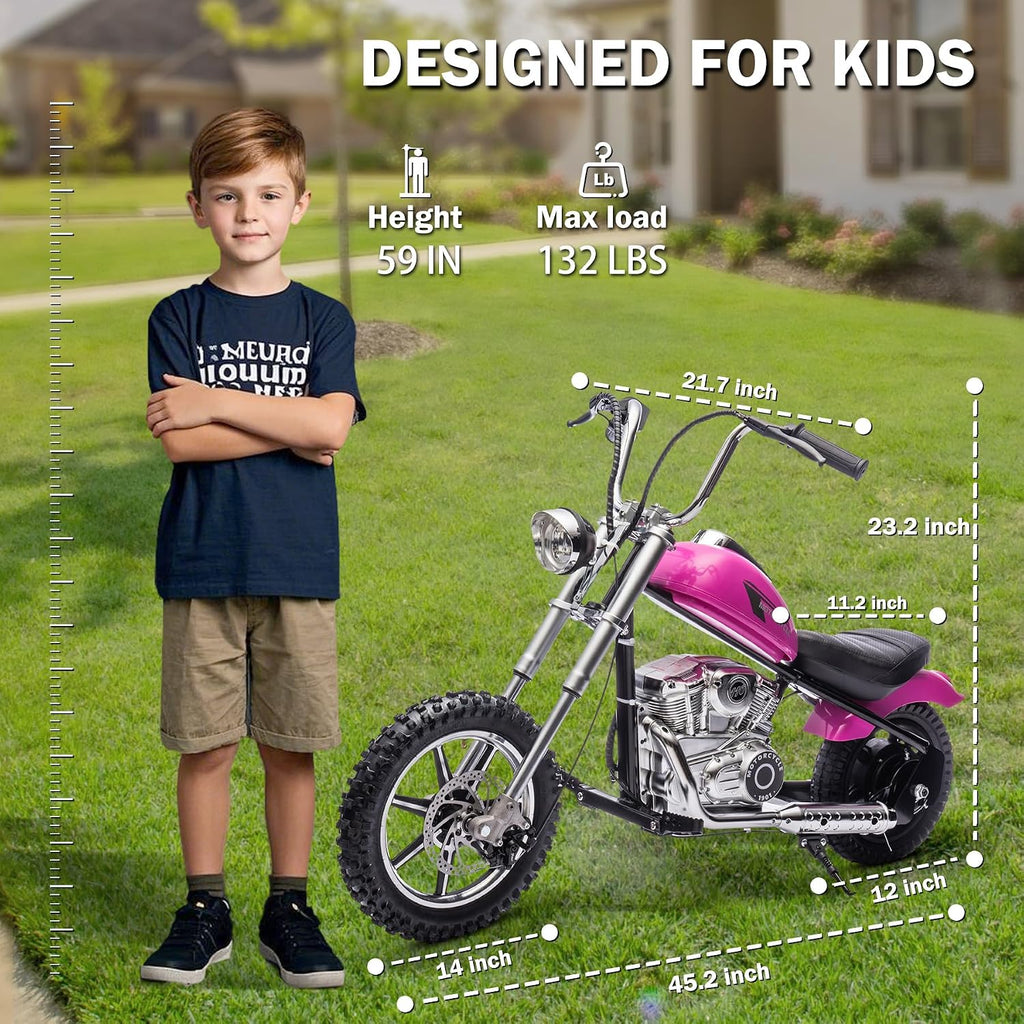 36V 7.5AH Electric Motorcycle for Kids, 350W Strong Motor 14MPH Fast Speed Electric Retro Off-Road Motorcycle, Leather Seat Dirt Bike, LED Lights, Air-Filled Tires, Silver Pink