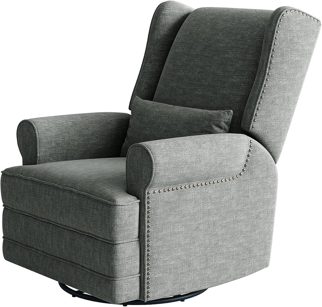 May in Color Nursery Glider Recliner, Comfy Upholstered Glider Chair with Lumbar Pillow and Footrest, Swivel Rocking Chair for Bedroom, Living Room, Dark Grey