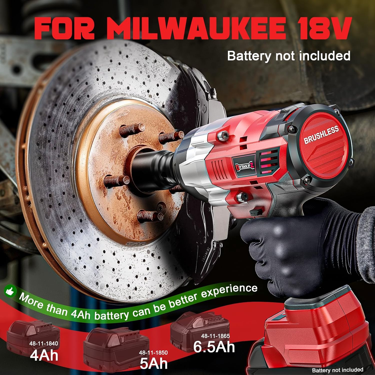 DIYtoolifz 3/4' Cordless Impact Wrench Compatible with Milwaukee 18V Battery: 1850FT-LBS(2500N.m) High Torque Impact Driver, Auto-Stop Reverse, 4-Speed Heavy Duty Impact for Car/Truck/Mower(Bare Tool)