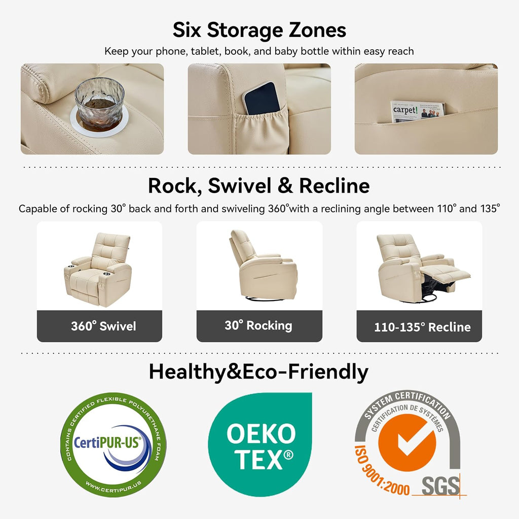 AIRSKY Leather Recliner Chair, Swivel Rocker Recliner Chair, Rocking Chair Nursery, Glider Rocking Chair with Thick Cushion, Oversize Glider Rocking Chair, Nursery Chair with High Back, Beige,R2